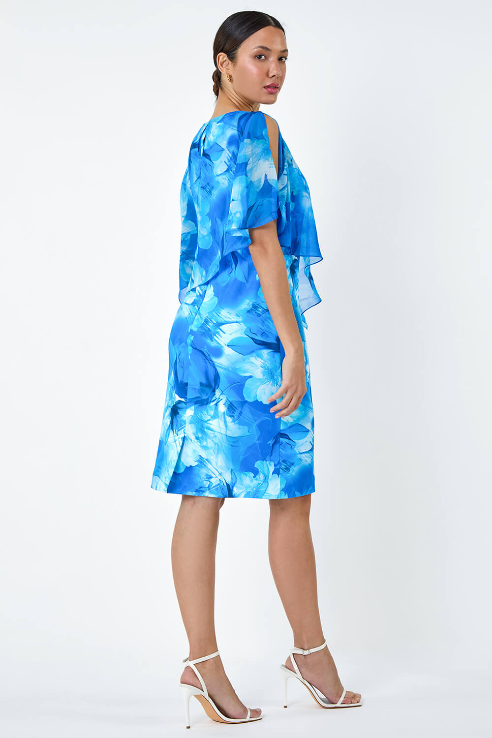 Blue Floral Chiffon Asymmetric Overlay  Dress, Image 3 of 5