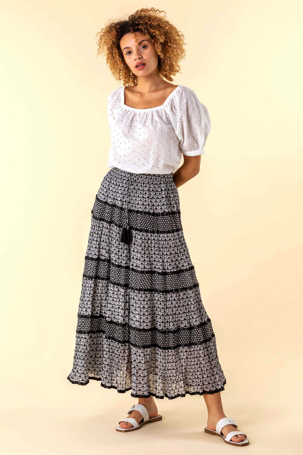 Black Monochrome Print Tiered Maxi Skirt, Image 4 of 4