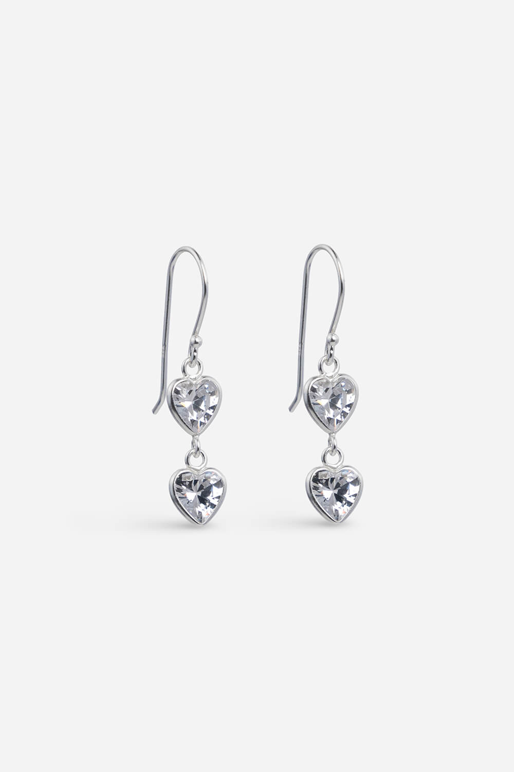 Sterling Silver Double Cubic Zirconia Heart Drop Earrings
