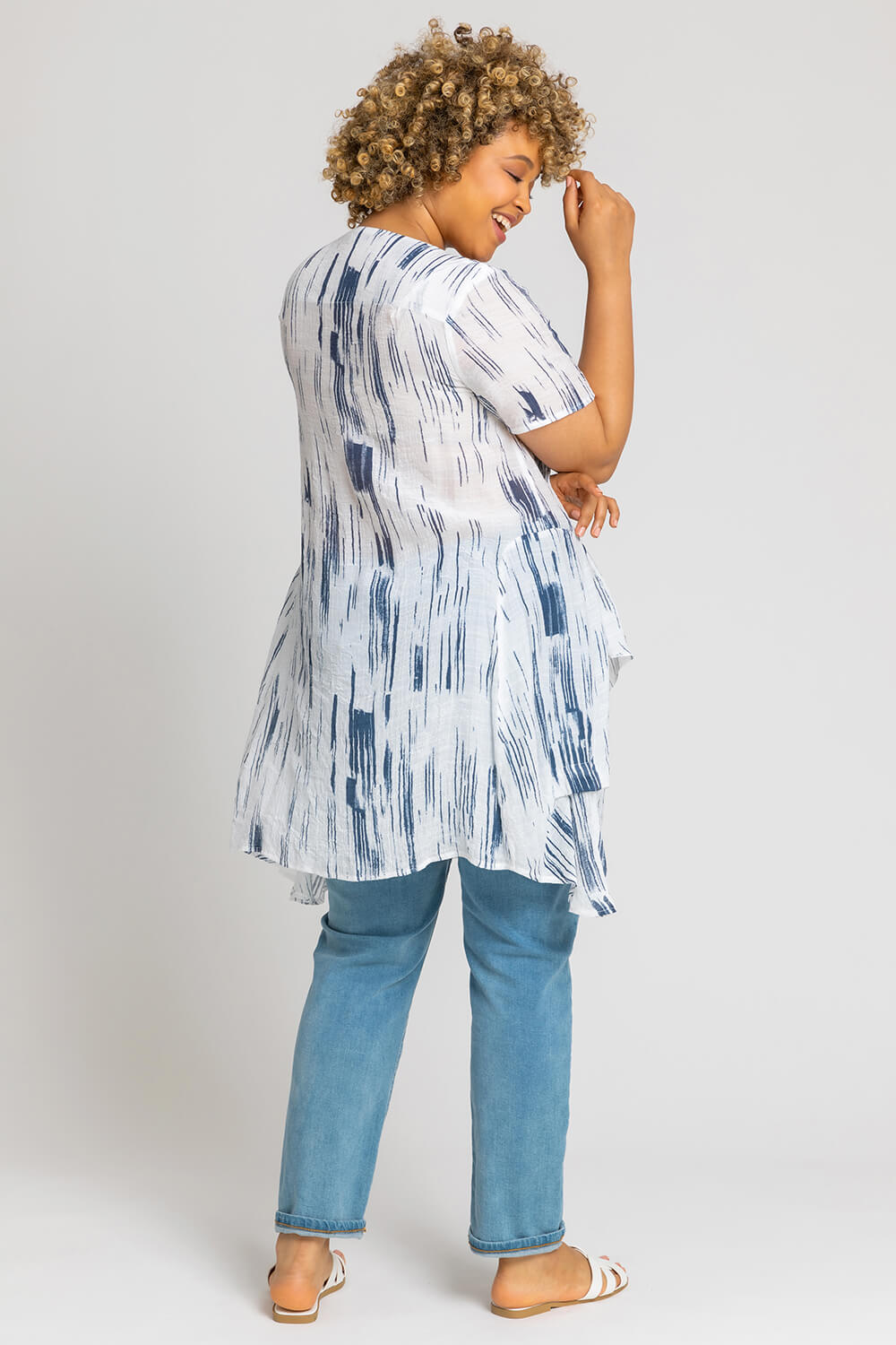 Navy  Curve Abstract Print Crinkle Tunic Top, Image 2 of 4