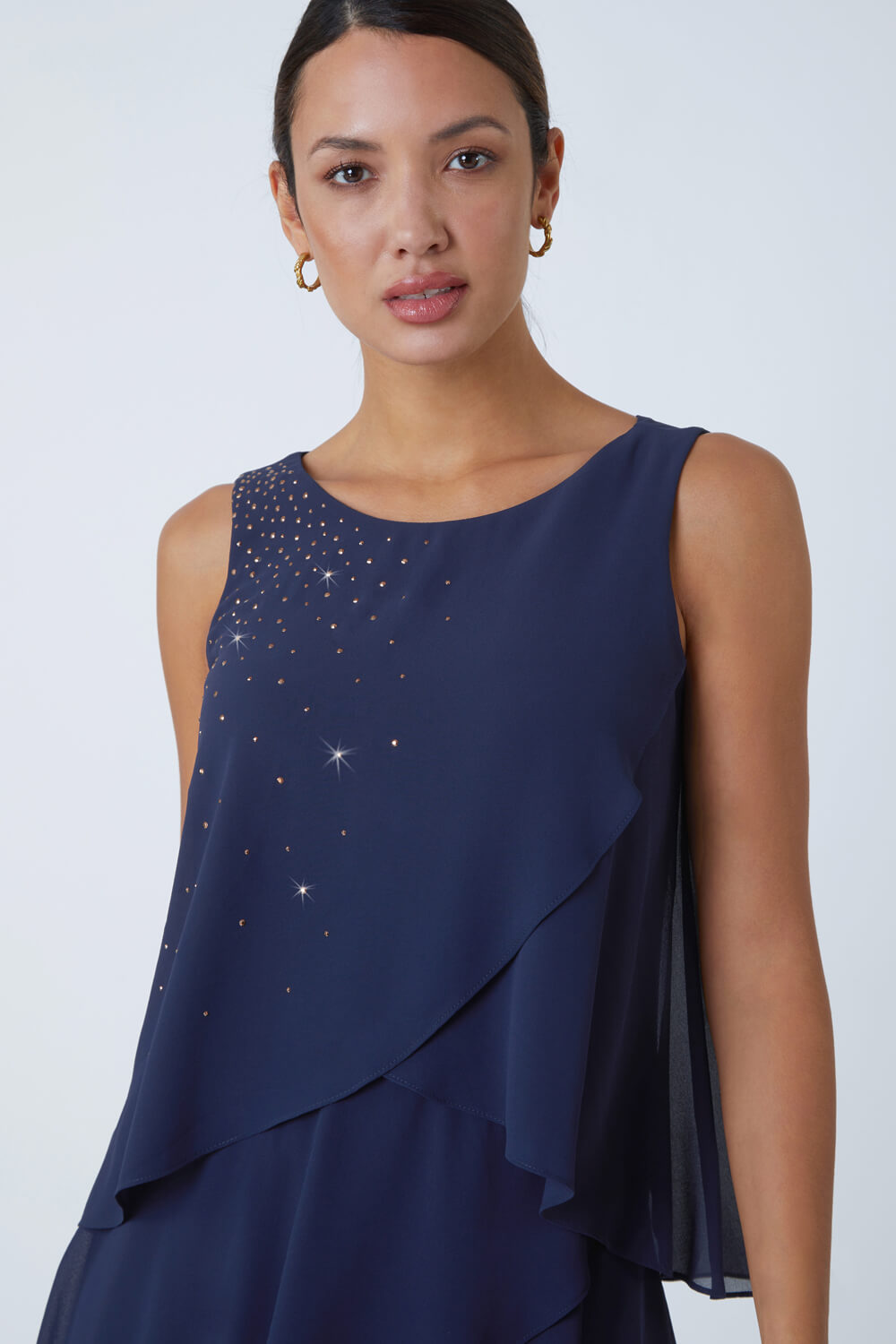 Midnight Blue Embellished Frill Swing Dress, Image 4 of 5