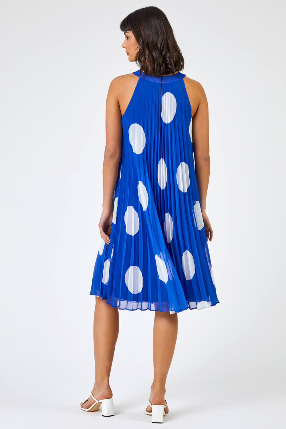 Royal Blue High Neck Spot Pleated Swing Dress, Image 2 of 5
