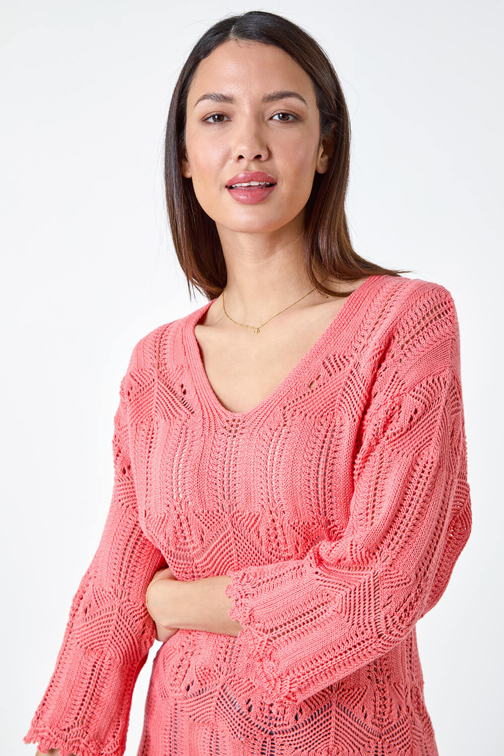 CORAL Open Knit Cotton Blend Tunic Top, Image 4 of 5