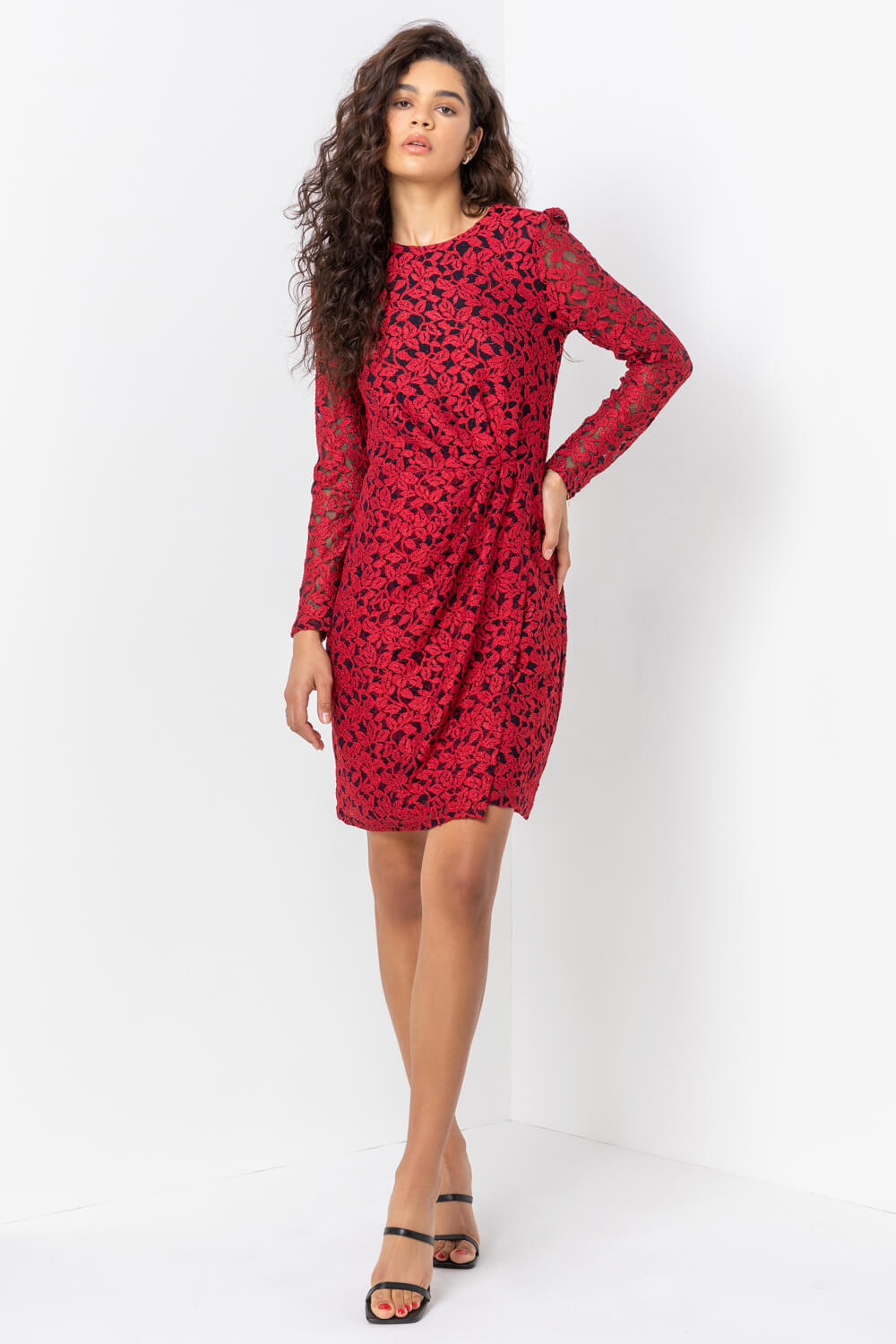 Red Ruched Detail Lace Wrap Dress, Image 3 of 4