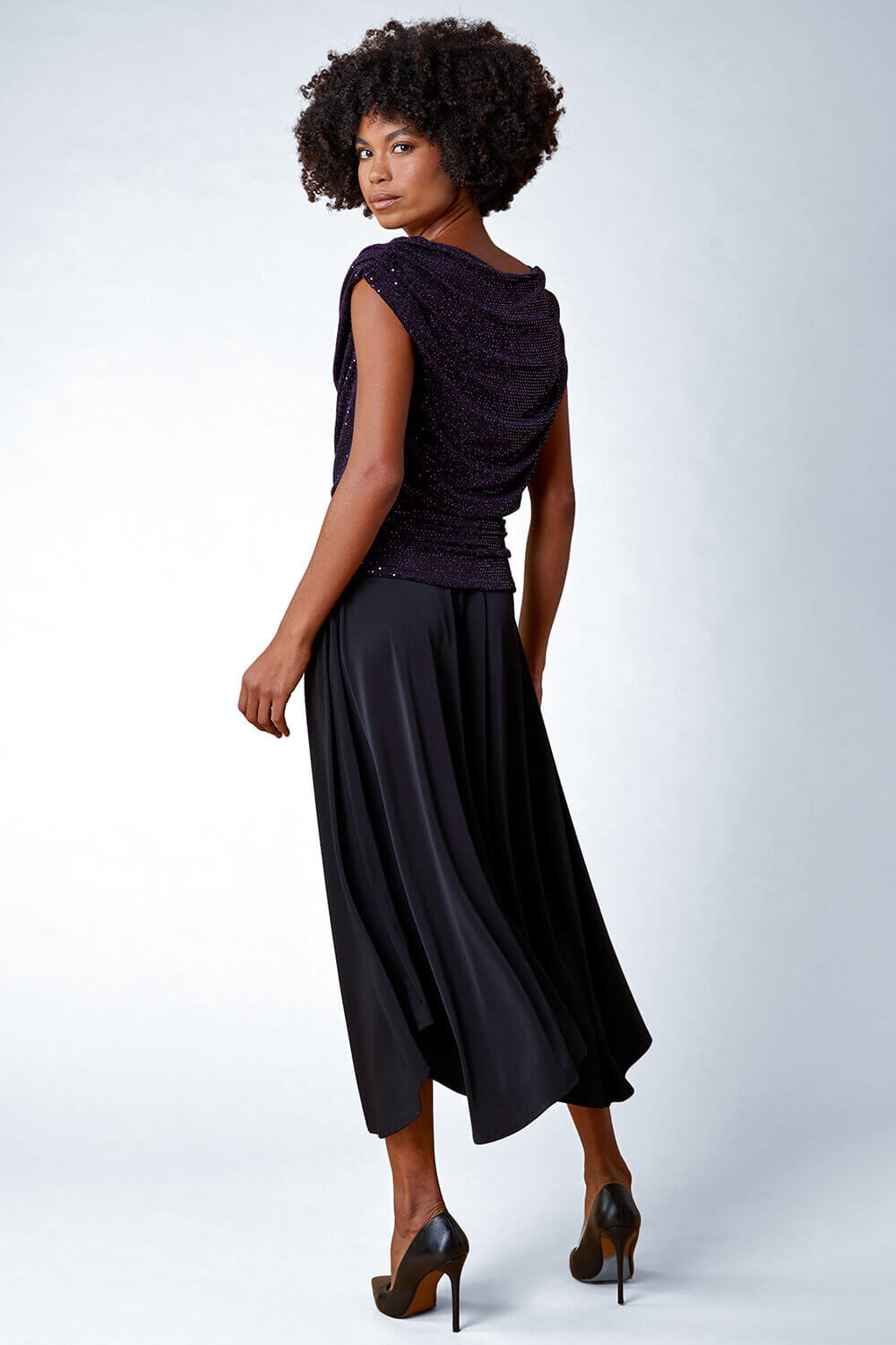 Purple Sequin Cowl Neck Contrast Ruched Midi Dress, Image 3 of 5