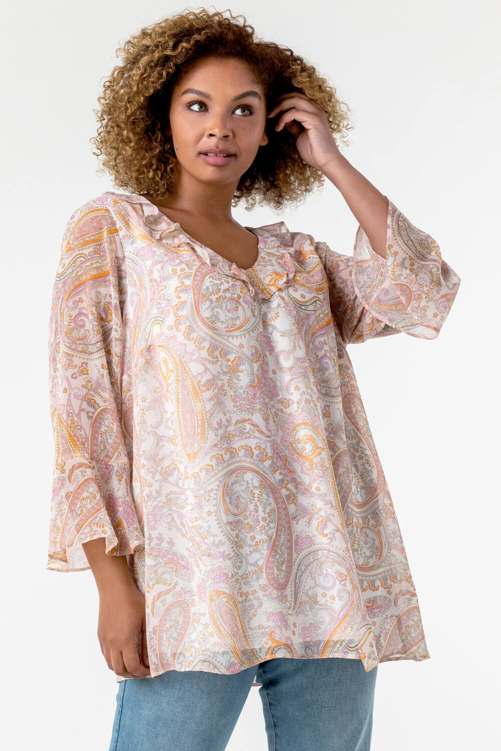 Curve Paisley Print Frill Detail Top