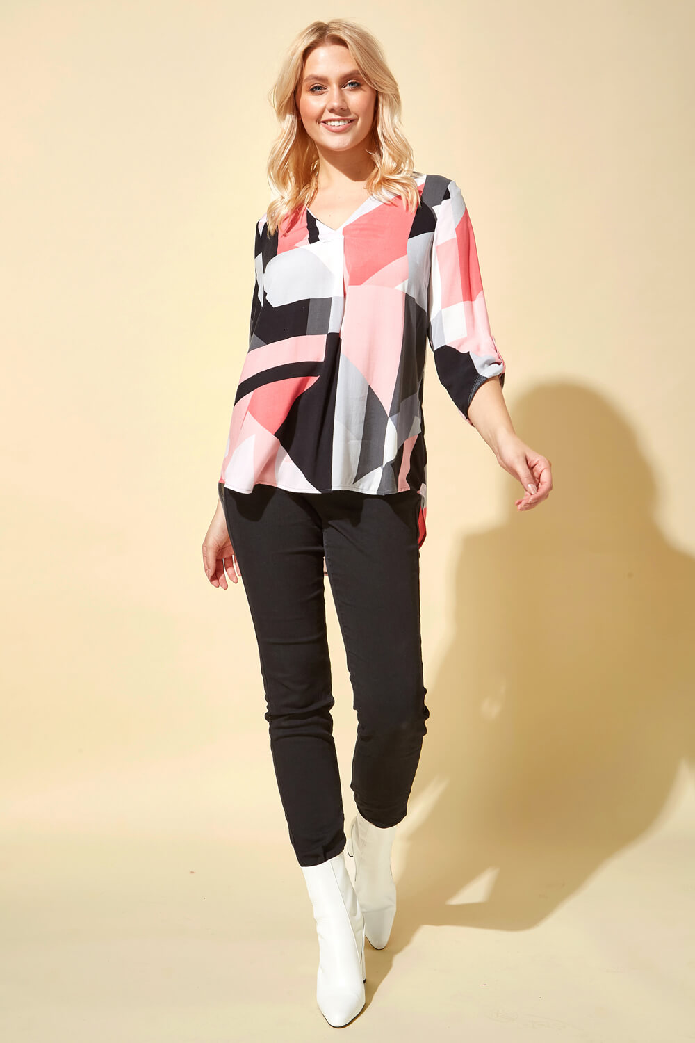 PINK Abstract Colourblock Notch Neck Top, Image 2 of 4
