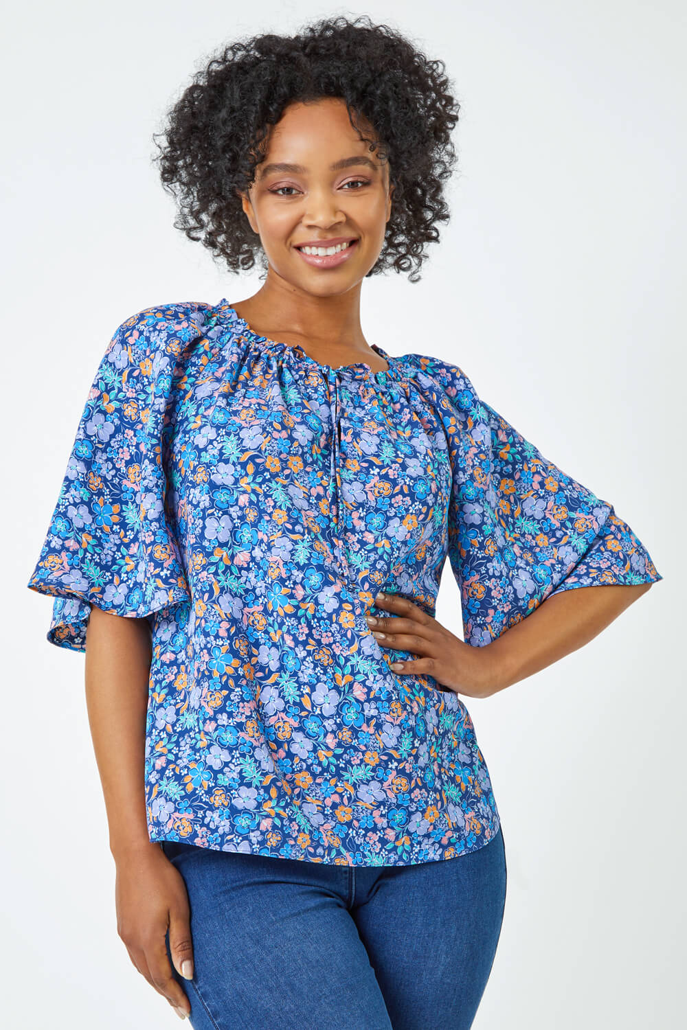 Blue Petite Frill Neck Floral Top, Image 4 of 5