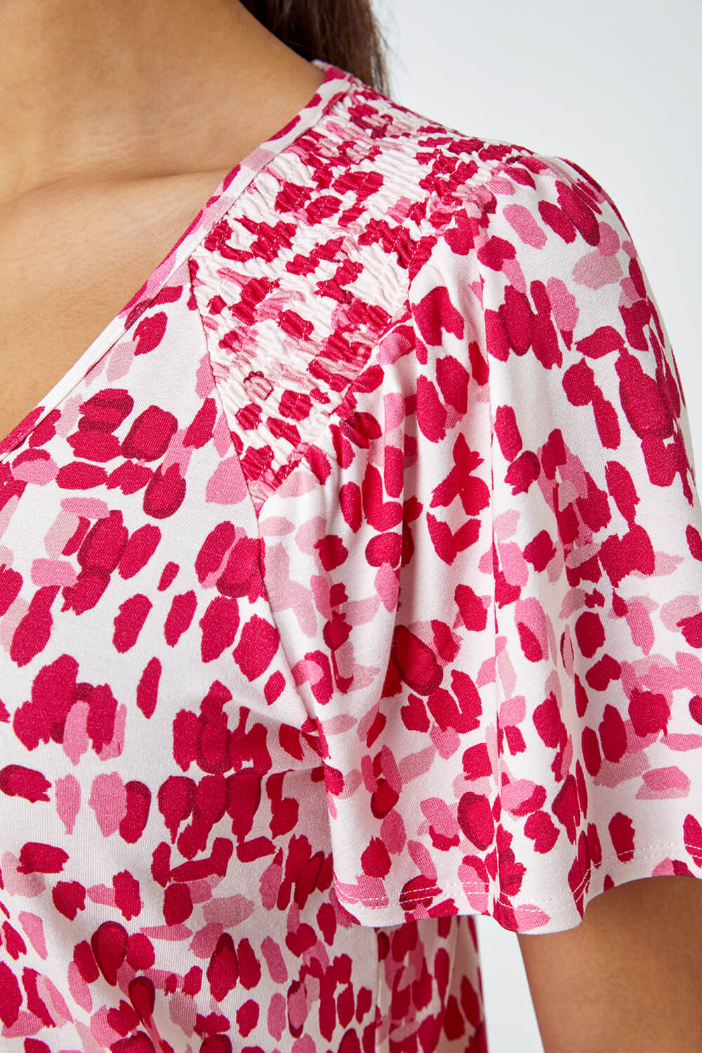PINK Abstract Shirred Shoulder Stretch Top, Image 5 of 5