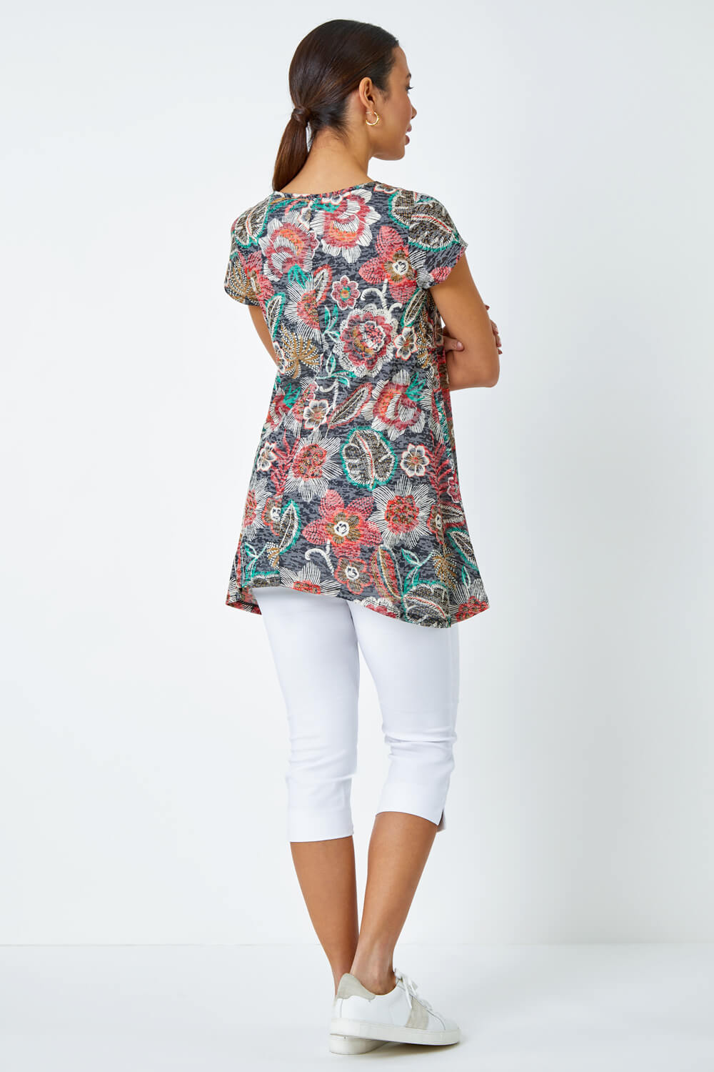 Red Floral Stretch Hanky Hem Tunic Top, Image 3 of 5