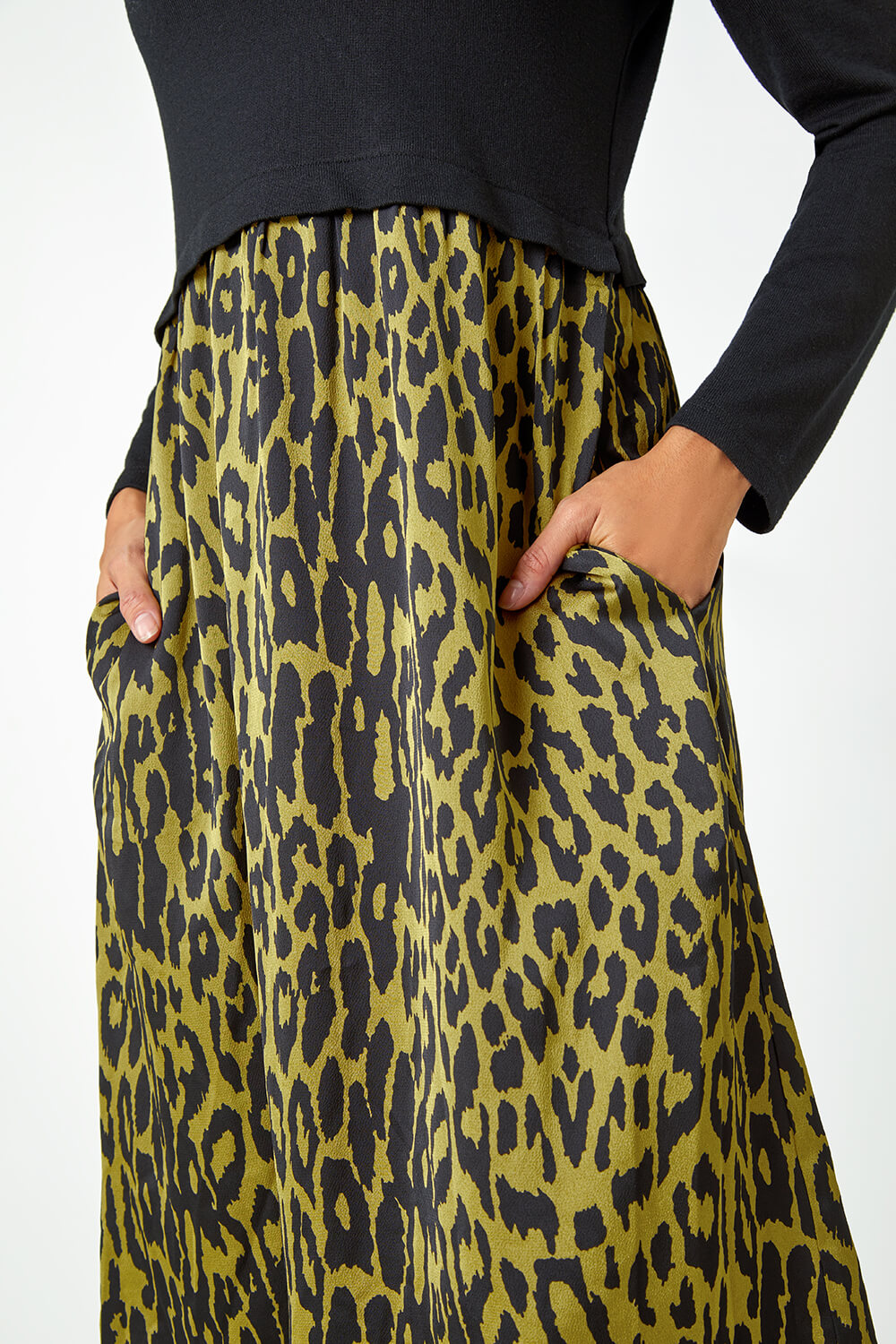 Black Contrast Leopard Print Pocket Knit Midi Dress, Image 5 of 5