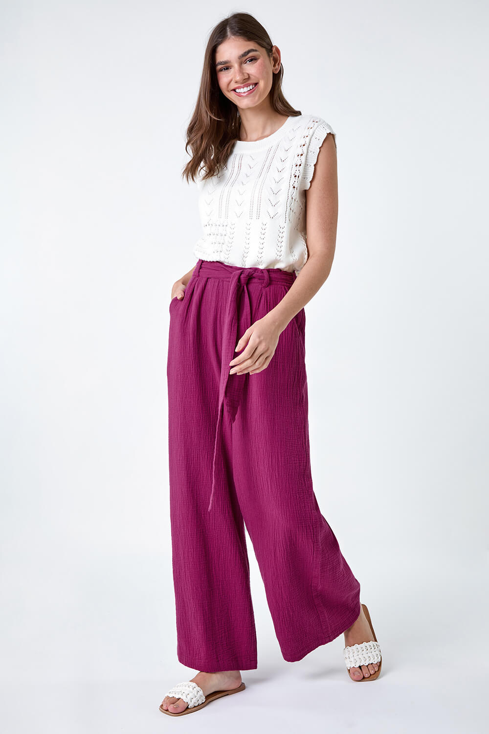 MAGENTA Textured Cotton Wide Leg Trousers, Image 2 of 5