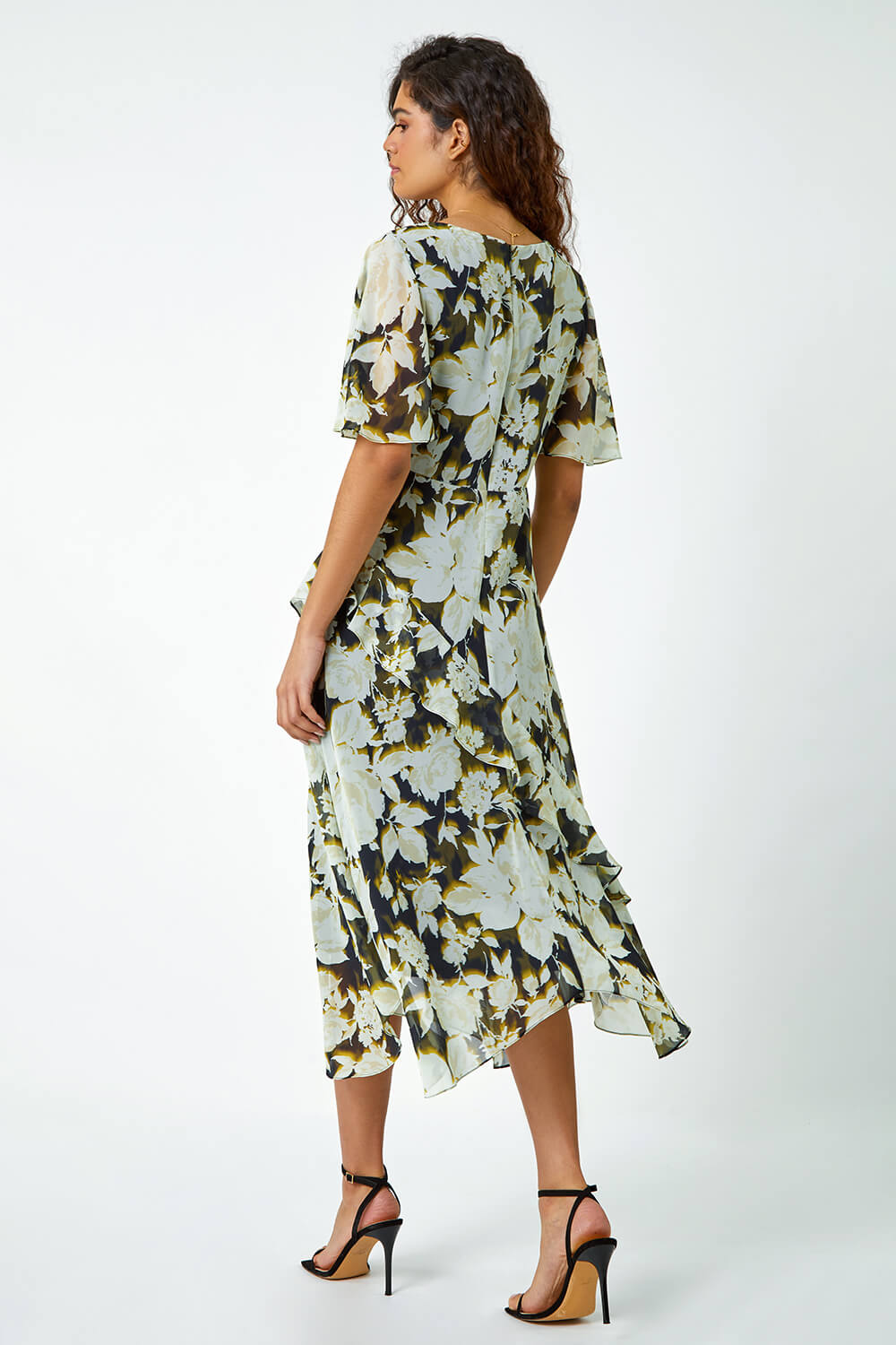 Olive Floral Print Chiffon Tiered Midi Dress, Image 3 of 5