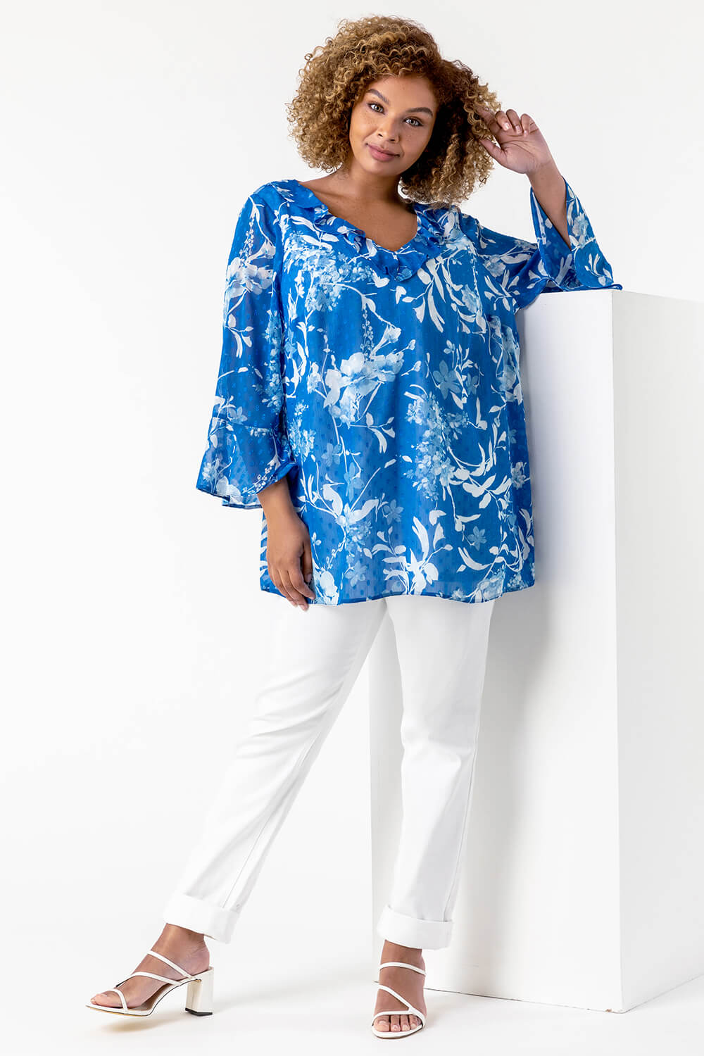 Royal Blue Curve Textured Spot Frill Detail Top, Image 5 of 5