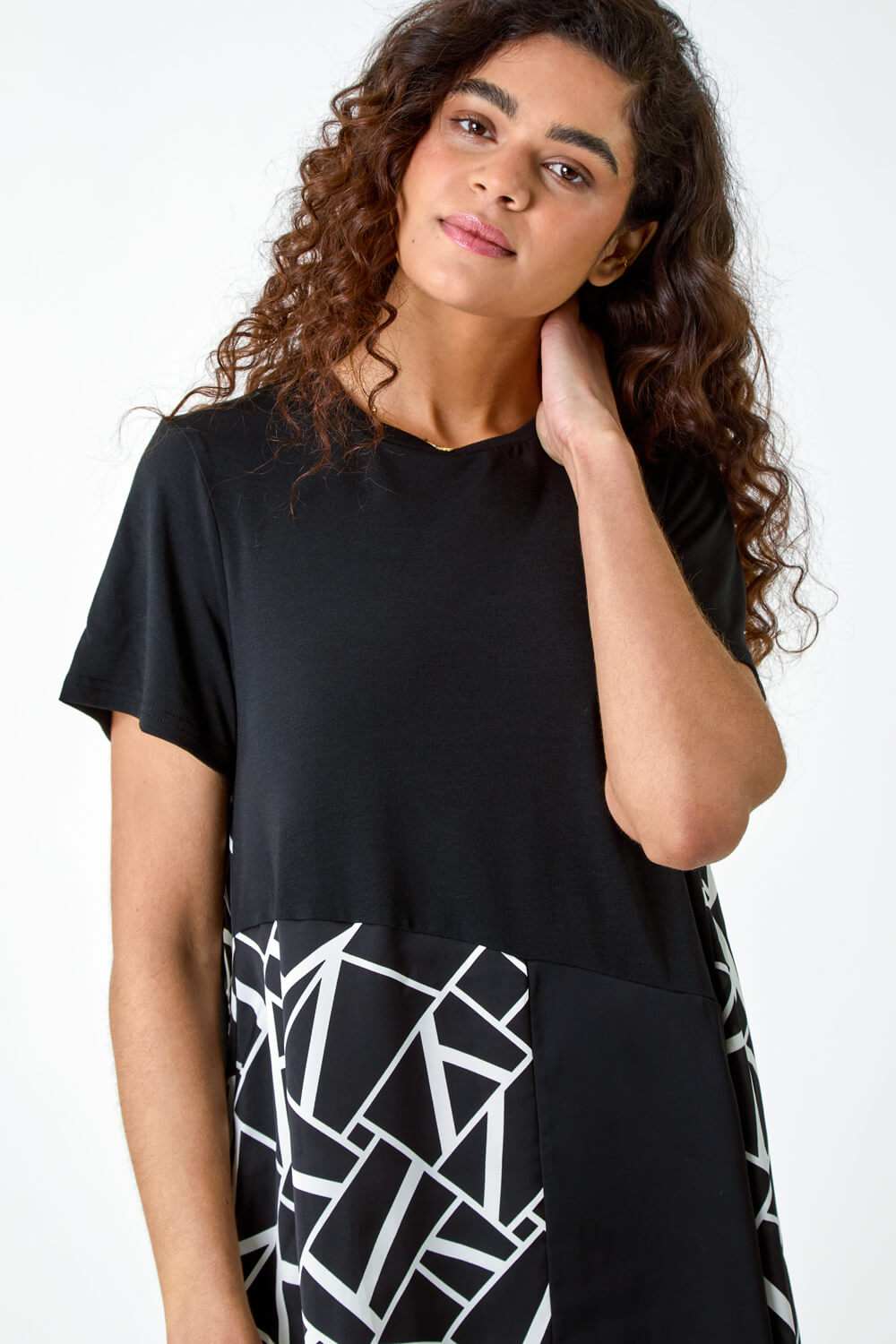 Black Abstract Print Panelled Stretch Top, Image 4 of 5