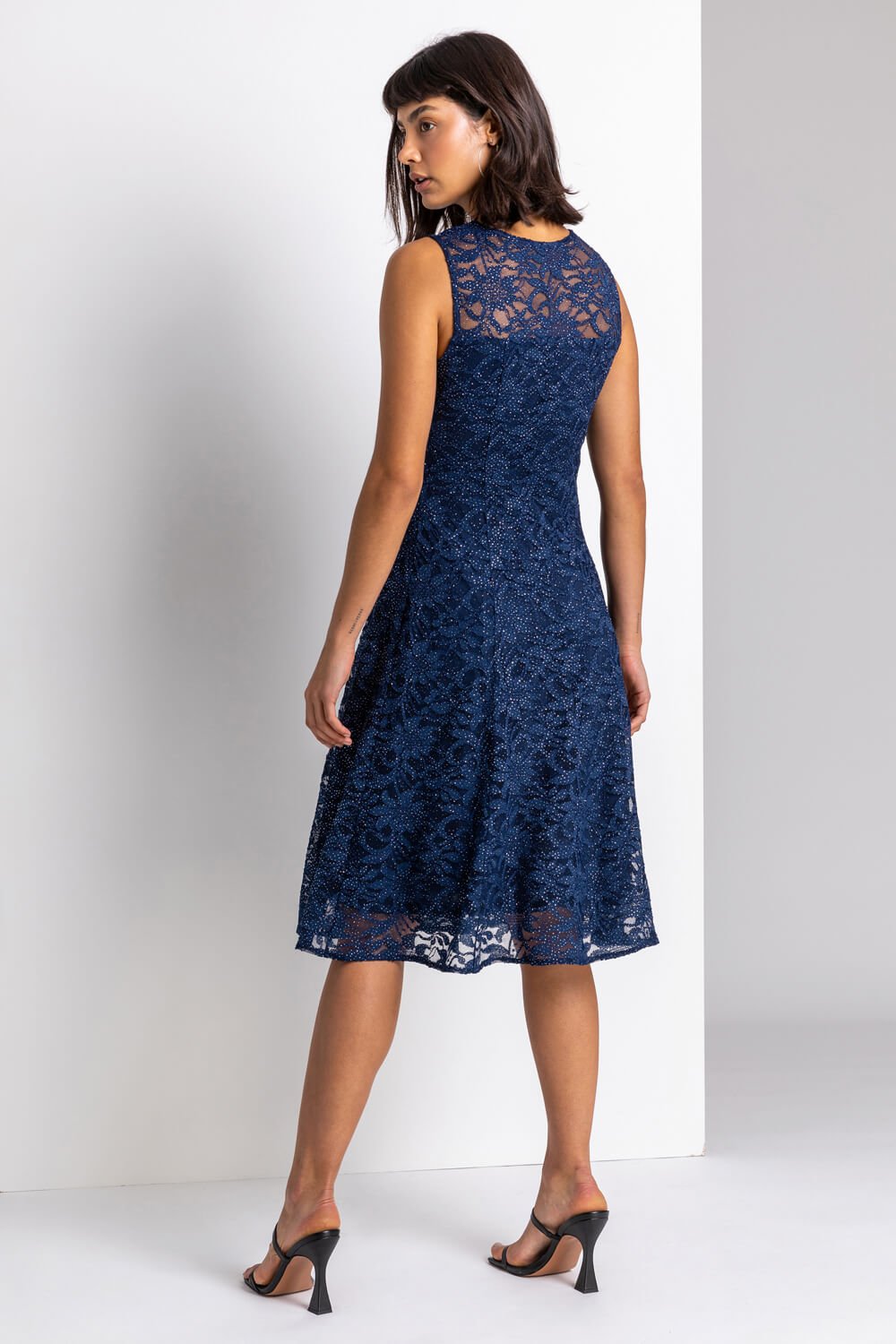 Navy  Glitter Lace Fit & Flare Dress, Image 2 of 4