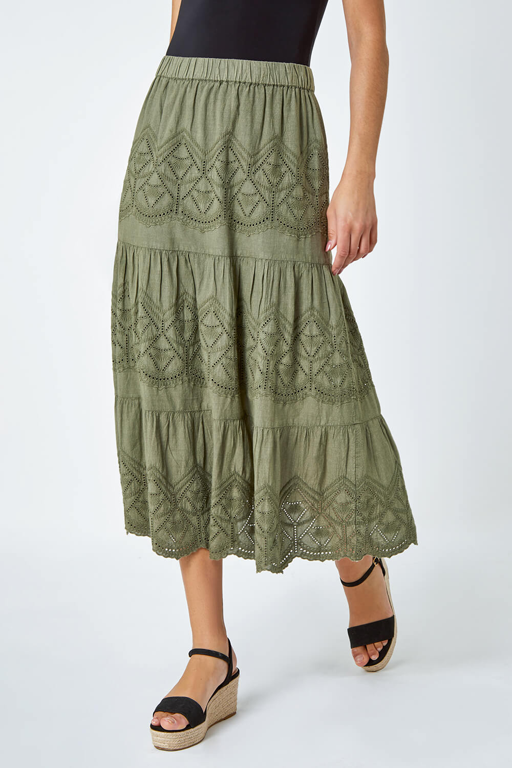 KHAKI Broderie Elastic Waist A Line Tiered Midi Skirt, Image 4 of 5
