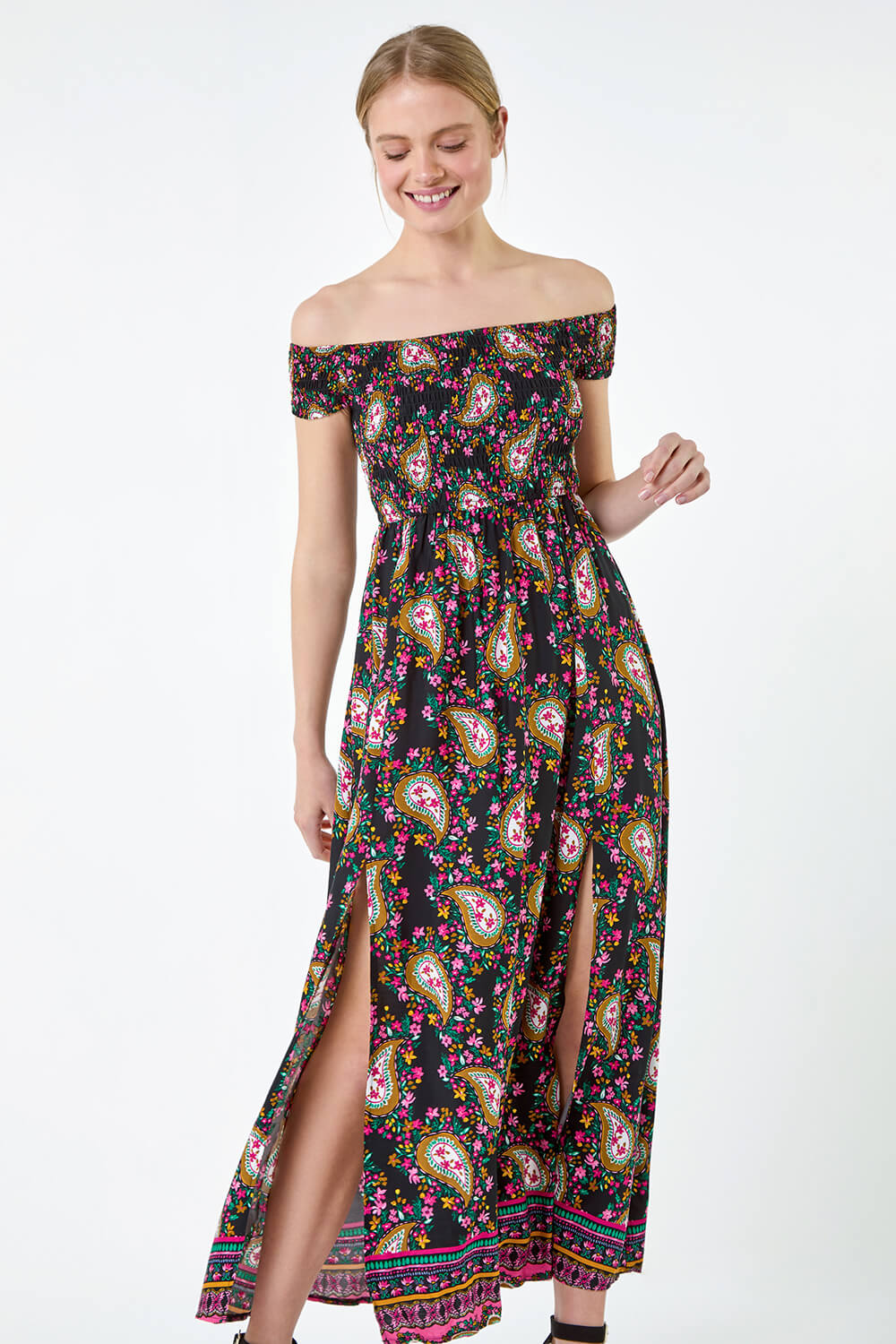 Paisley Shirred Bardot Maxi Dress