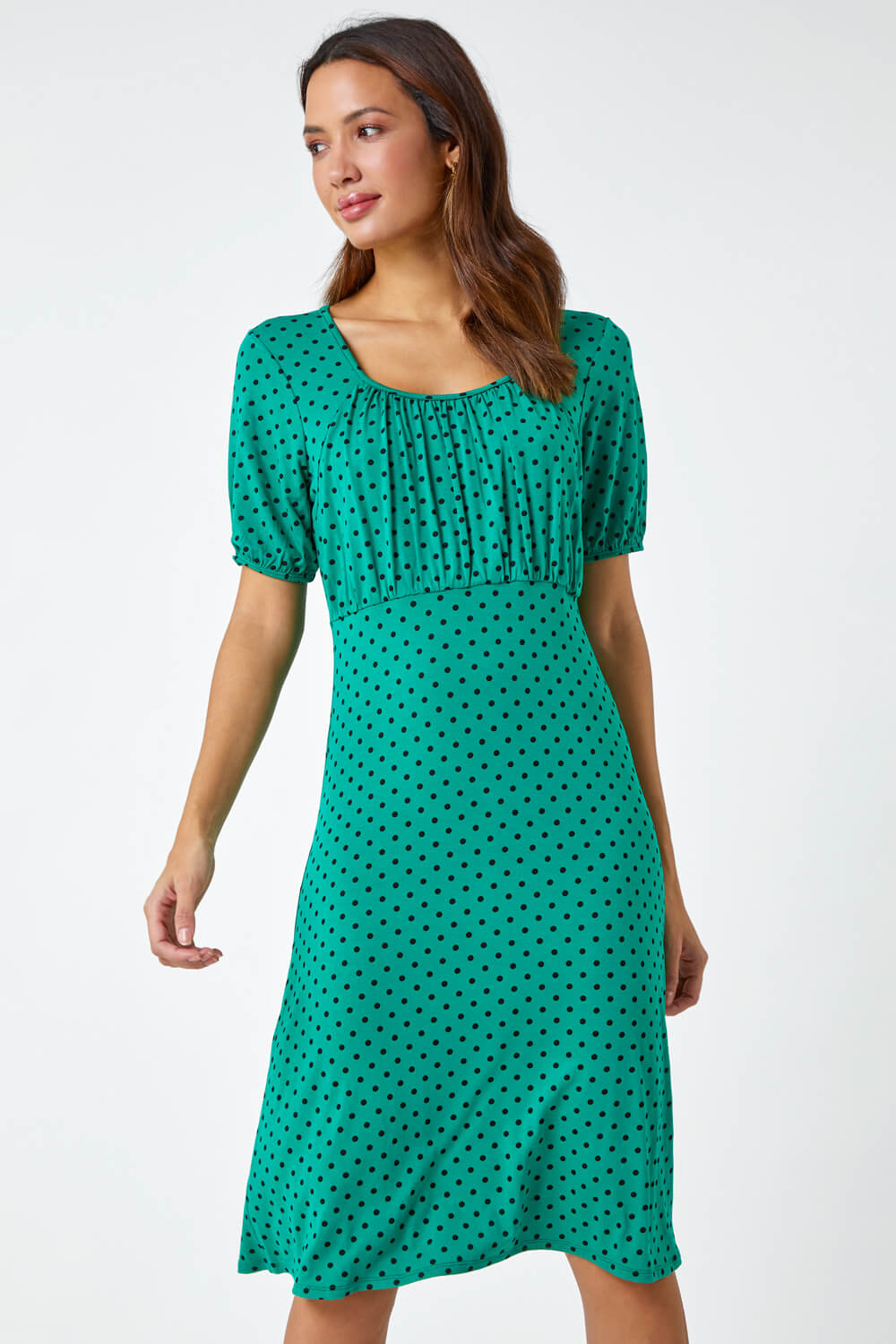 Green Polka Dot Print Stretch Dress, Image 2 of 5