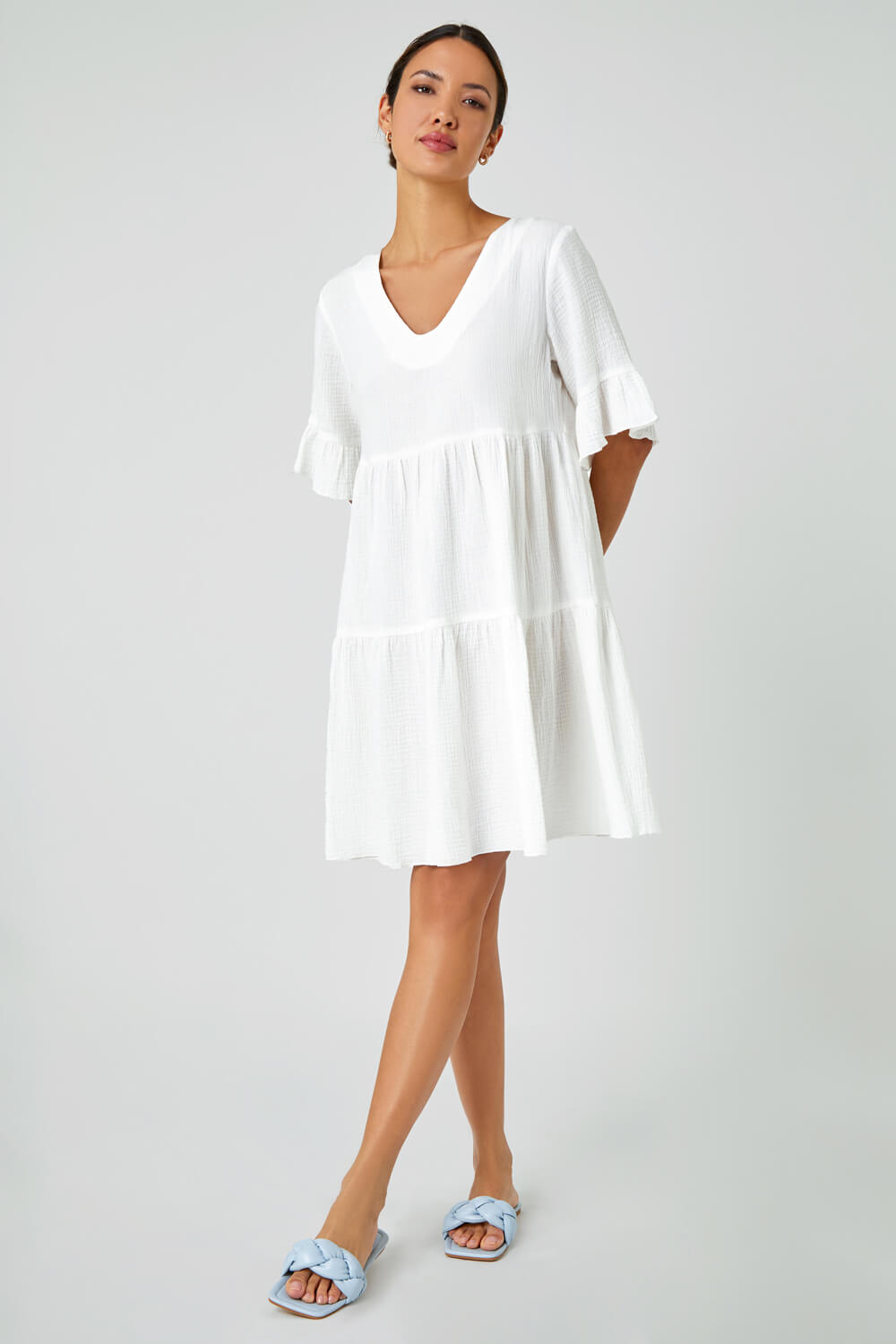 White Cotton Tiered Smock Dress , Image 2 of 7