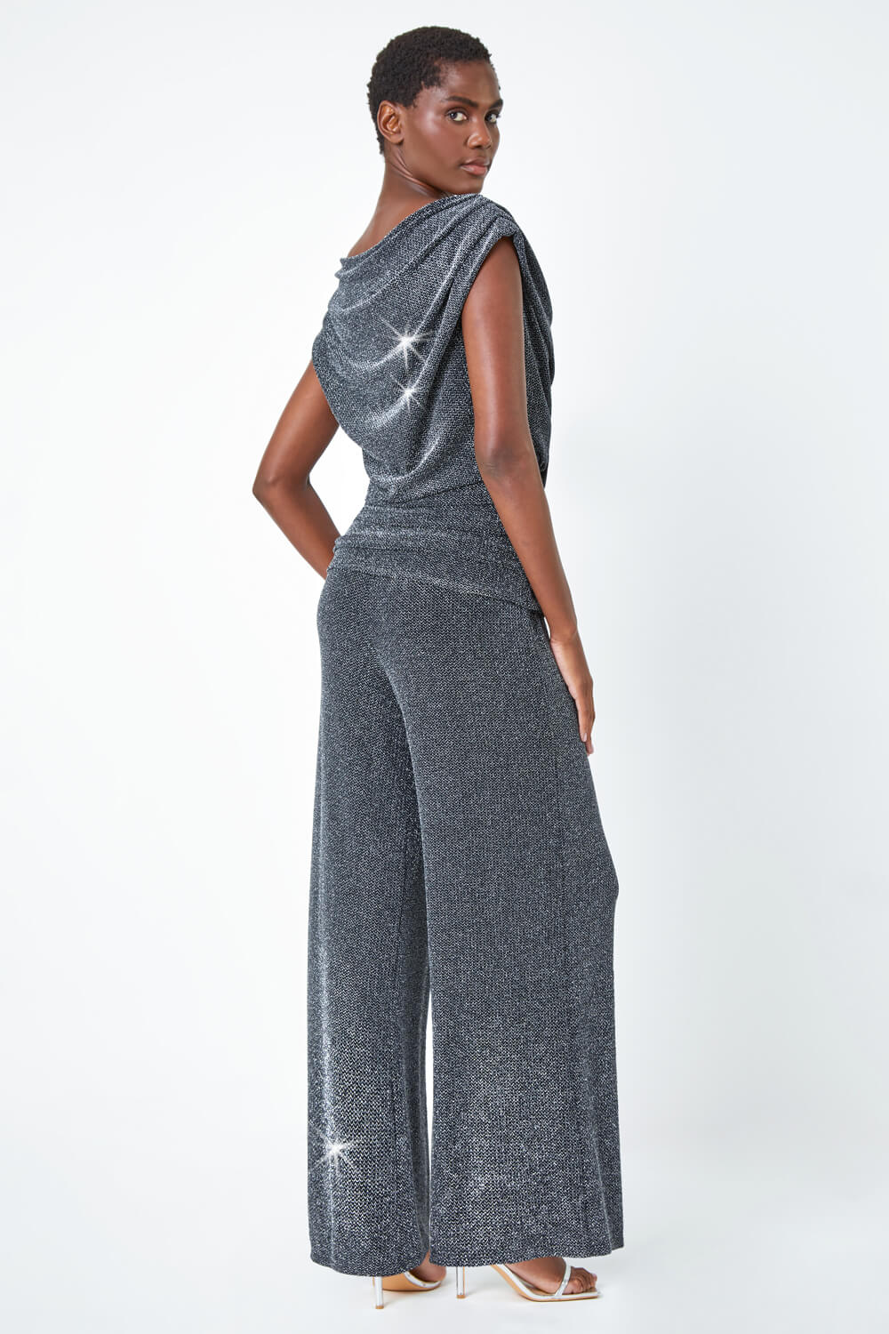 Silver Glitter Cowl Neck Ruched Stretch Jumpsuit, Image 3 of 5