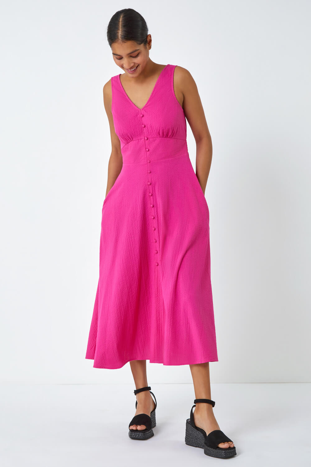PINK Sleeveless Cotton Midi Dress, Image 2 of 5