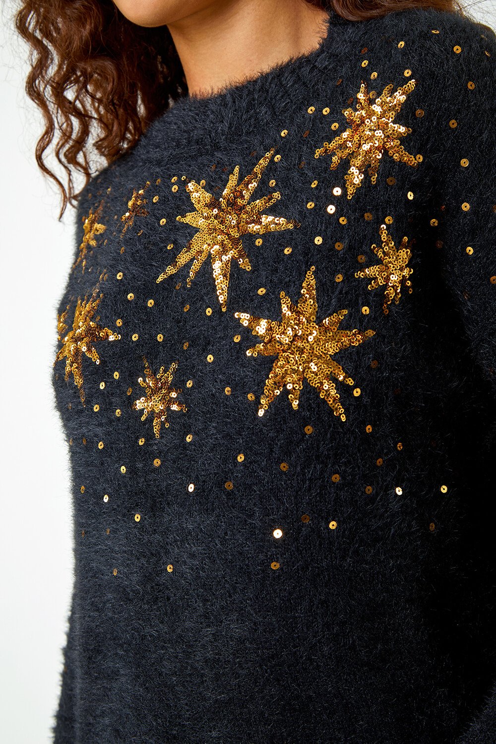 Black Sequin Embellished Fluffy Star Jumper, Image 5 of 5