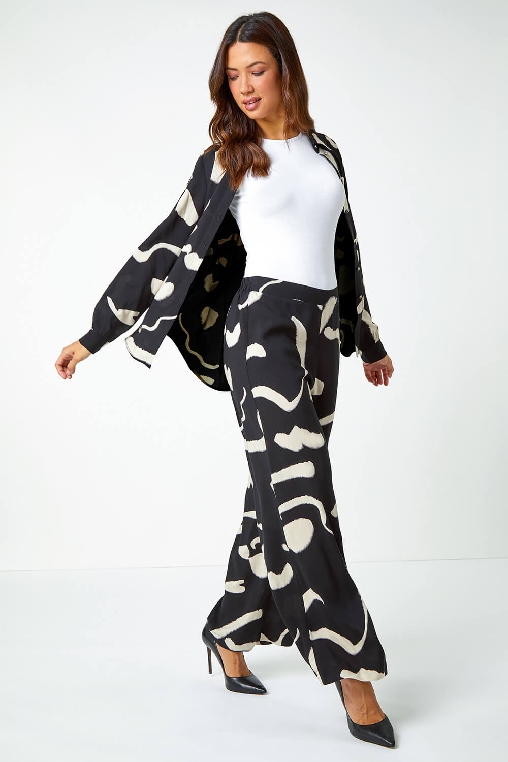 Black Abstract Print Wide Leg Trousers, Image 2 of 5
