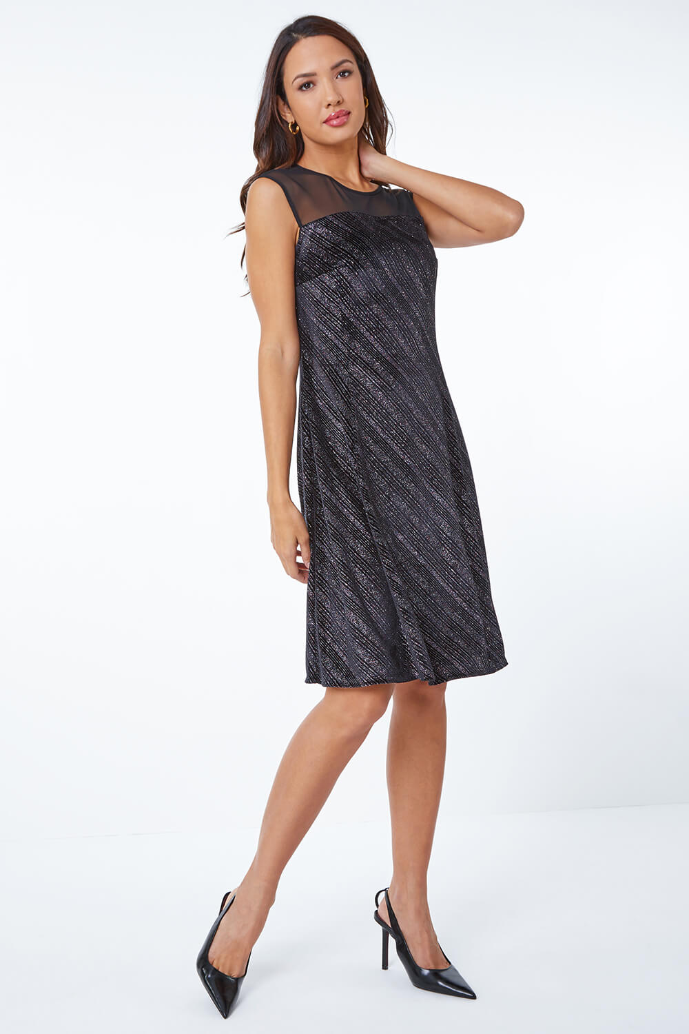 Black Shimmer Velvet Fit & Flare Dress, Image 2 of 5