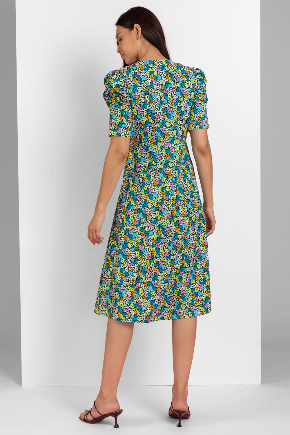 Blue Floral Print Puff Sleeve Wrap Dress, Image 2 of 5