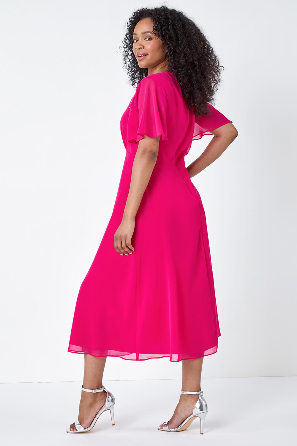 PINK Petite Shimmer Pleated Chiffon Midi Dress, Image 3 of 5