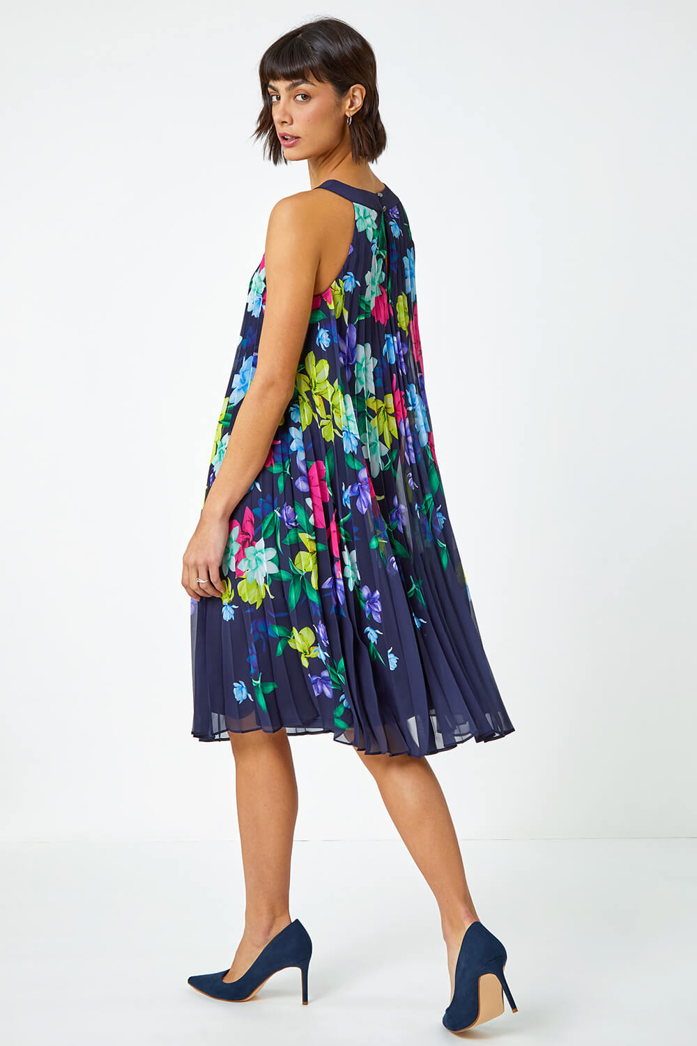 Navy  Halter Neck Floral Pleated Swing Dress , Image 3 of 5