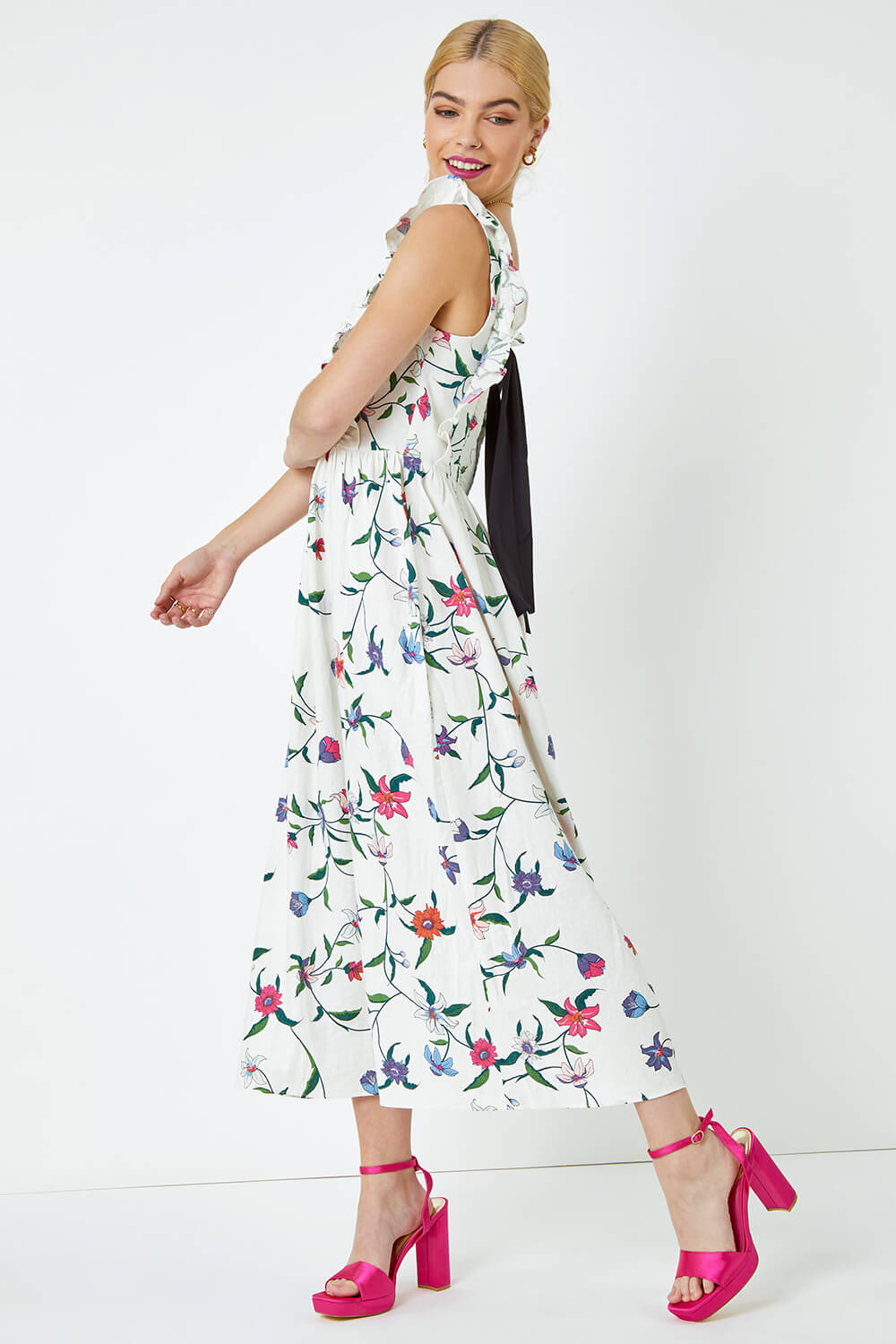 White Floral Print Frill Detail Maxi Dress, Image 2 of 5