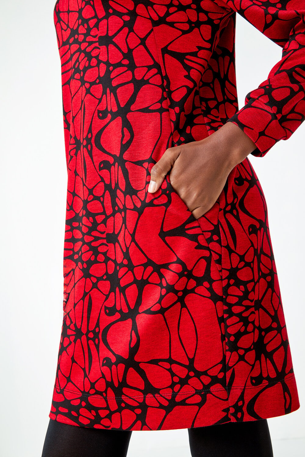 Red Abstract Cowl Neck Pocket Shift Dress, Image 5 of 5