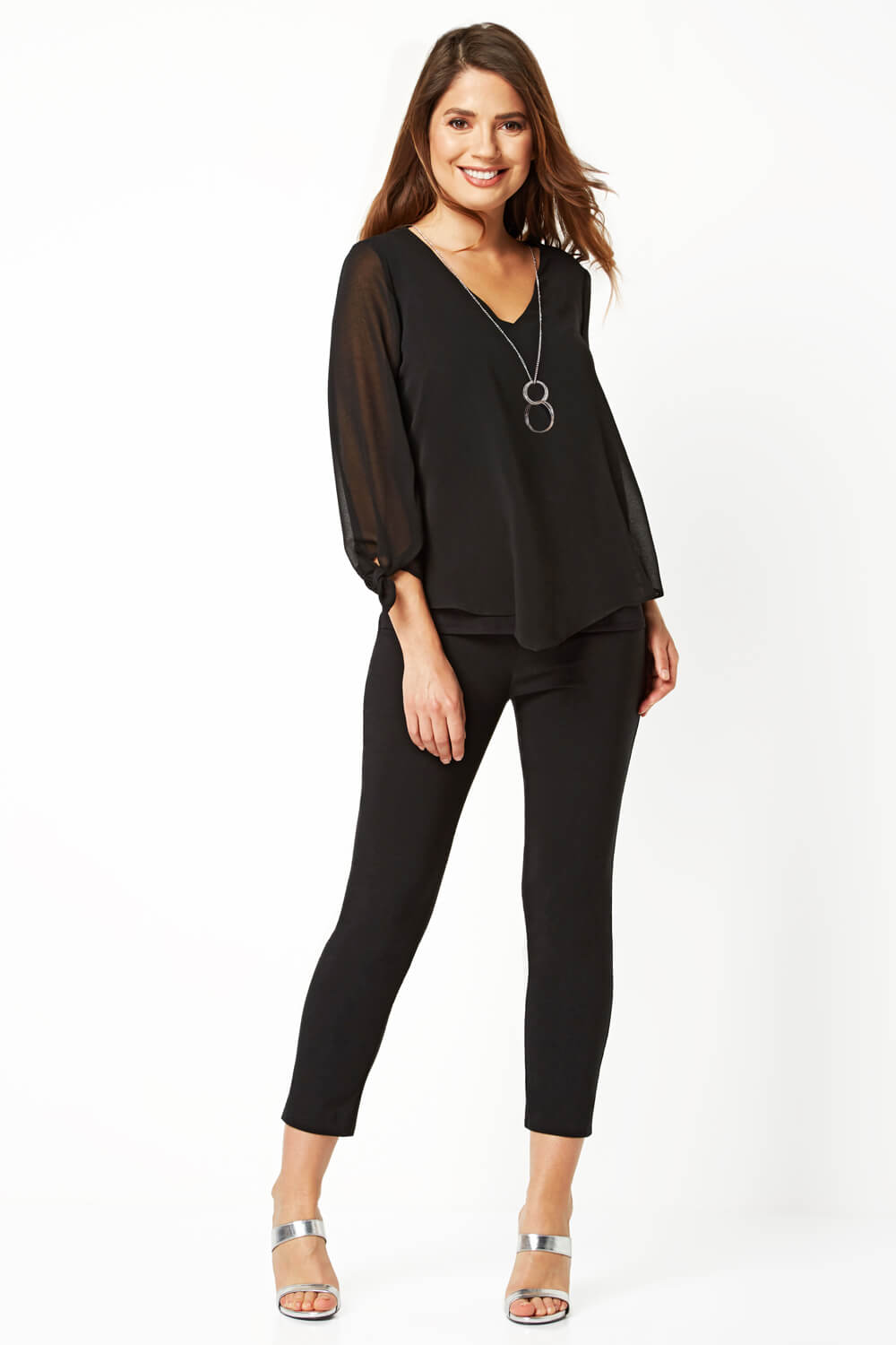 Black Necklace Trim Jersey 3/4 Sleeve Chiffon Top, Image 3 of 5
