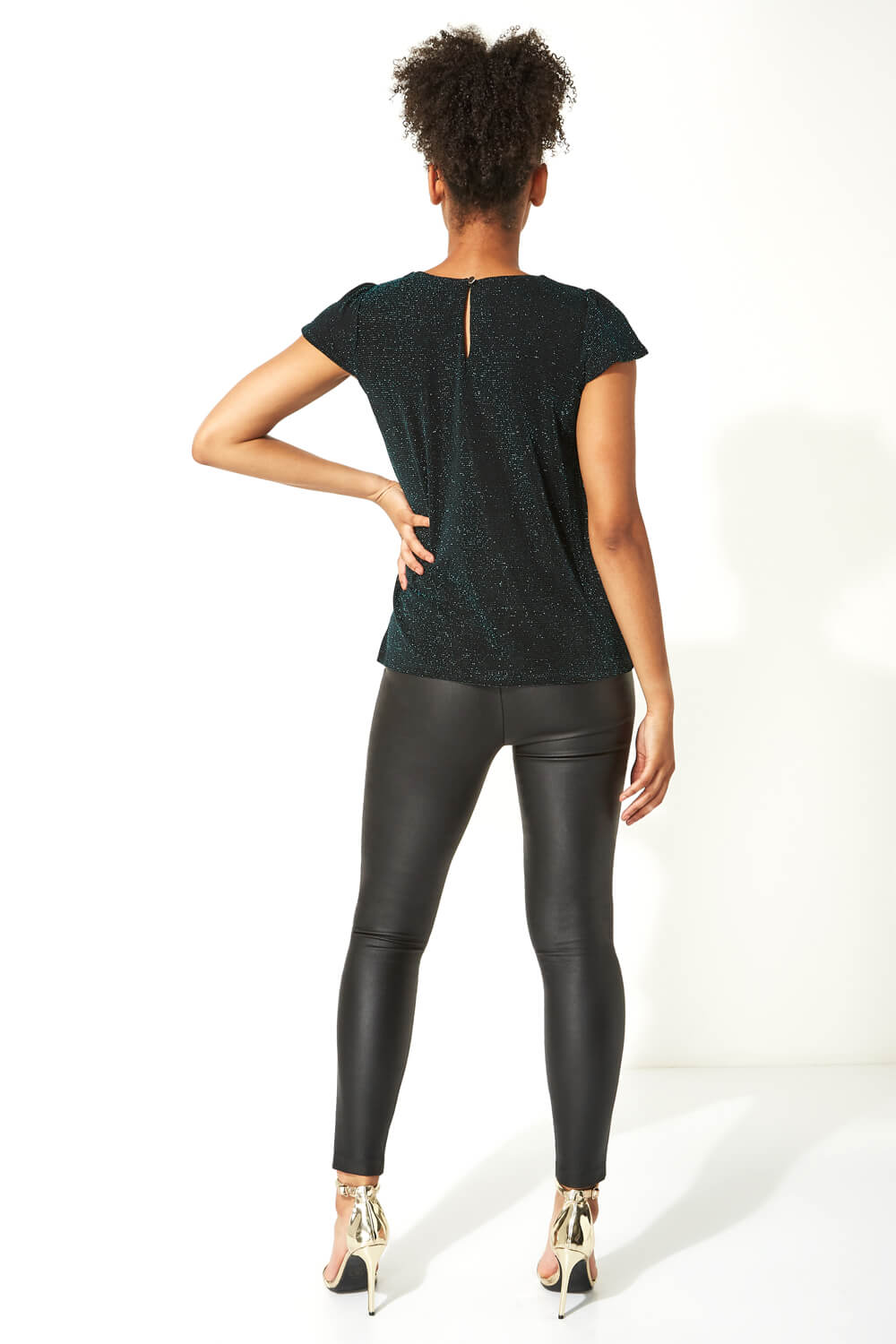 Green Shimmer Pleat Neck Top, Image 3 of 5