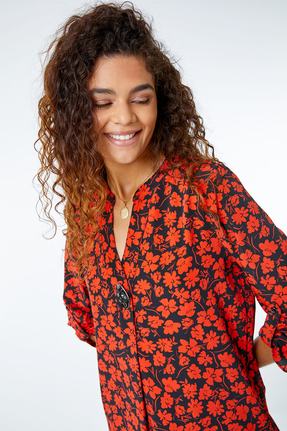 Rust Longline Button Detail Floral Shirt , Image 4 of 5