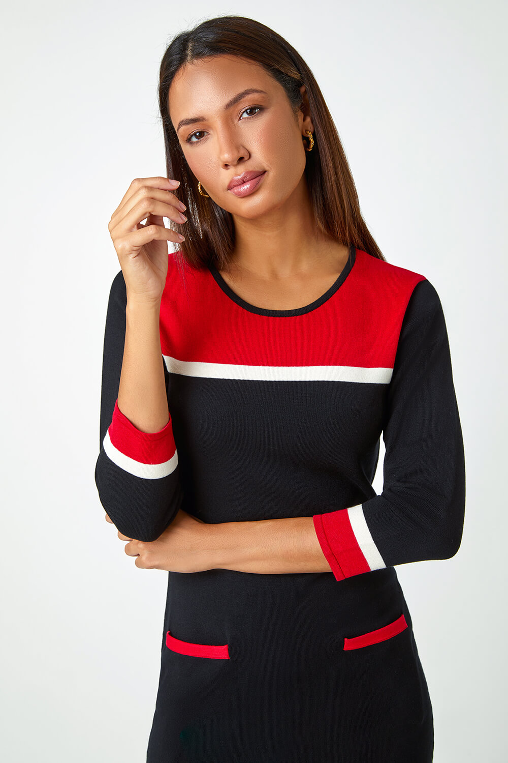 Red Colour Block Knitted Dress, Image 4 of 6