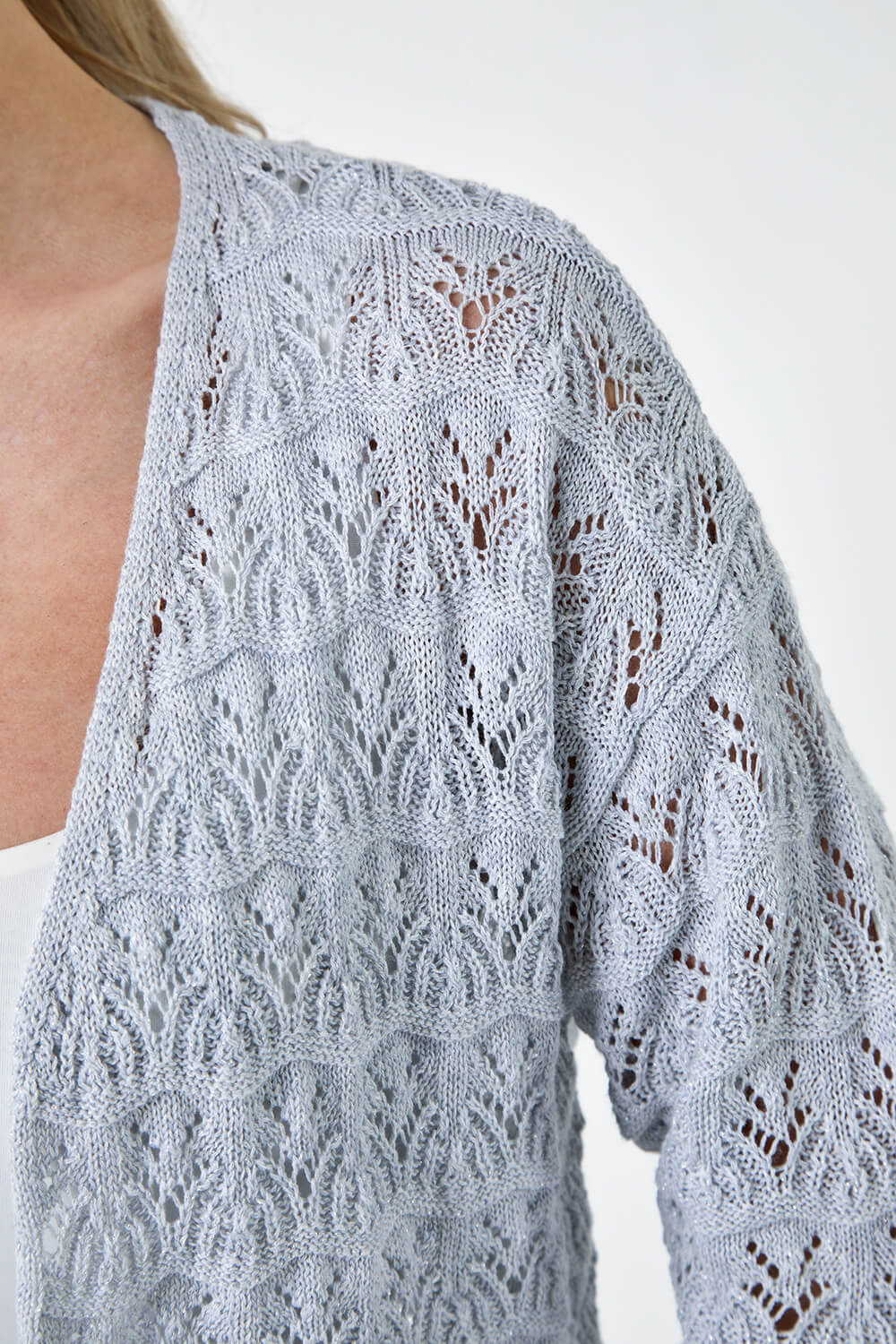 Grey Petite Shimmer Crochet Knit Cardigan, Image 2 of 5