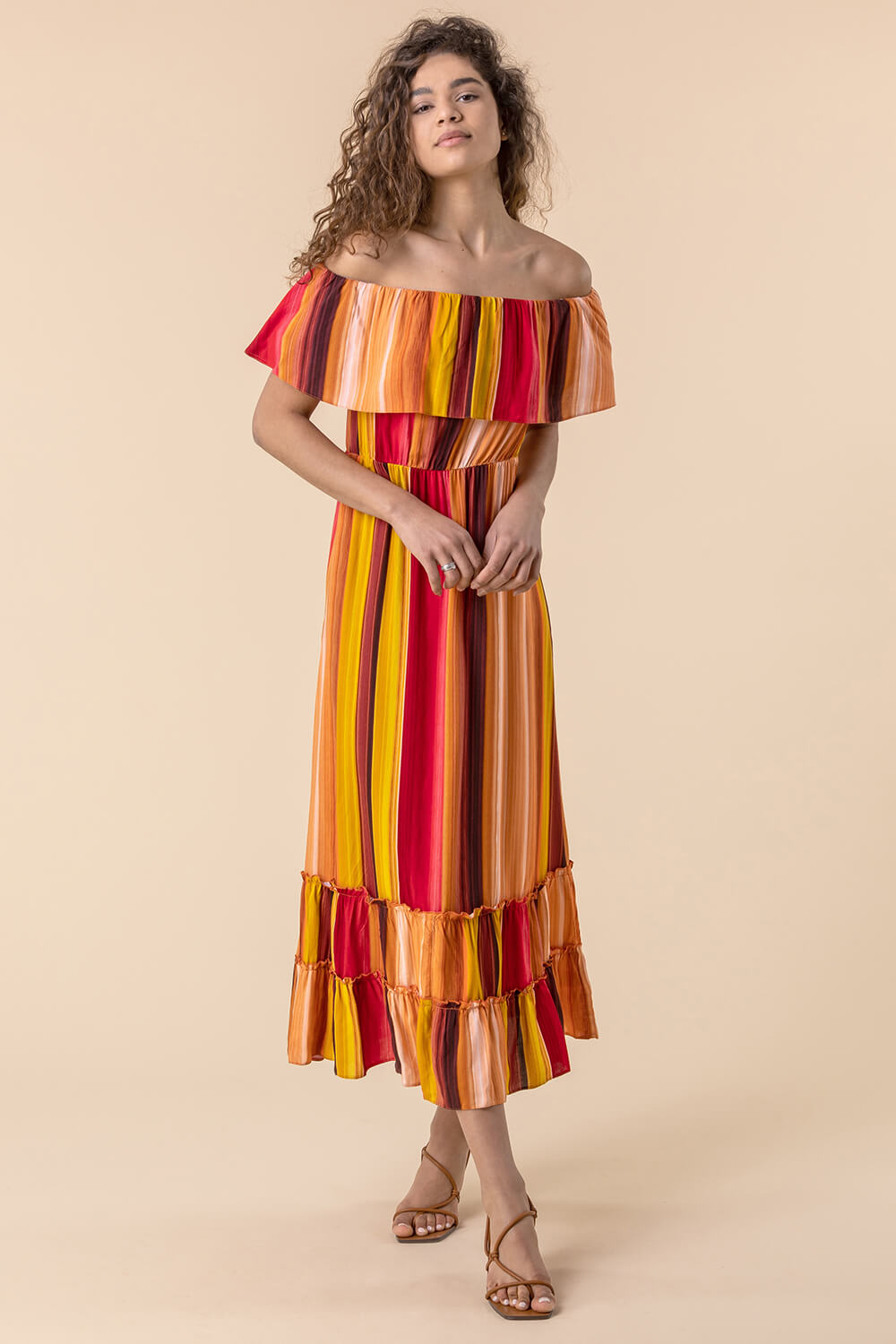 Striped Ruffle Bardot Maxi Dress in Multi - Roman Originals UK