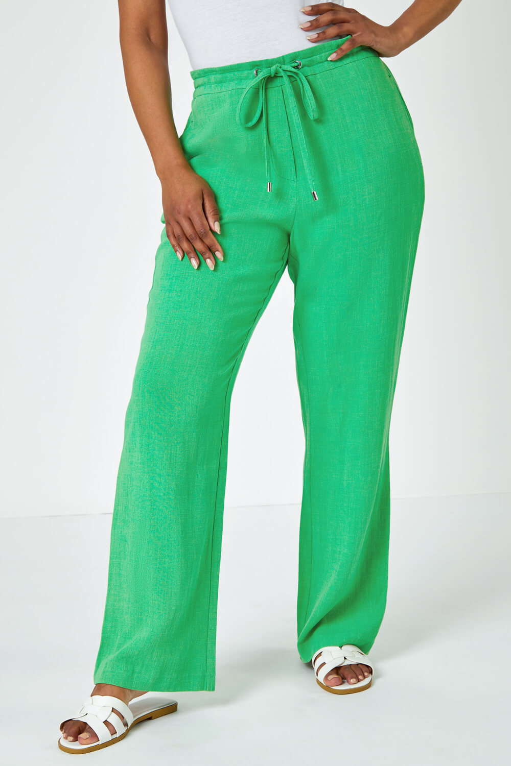 Green Petite Wide Leg Linen Trouser, Image 2 of 5