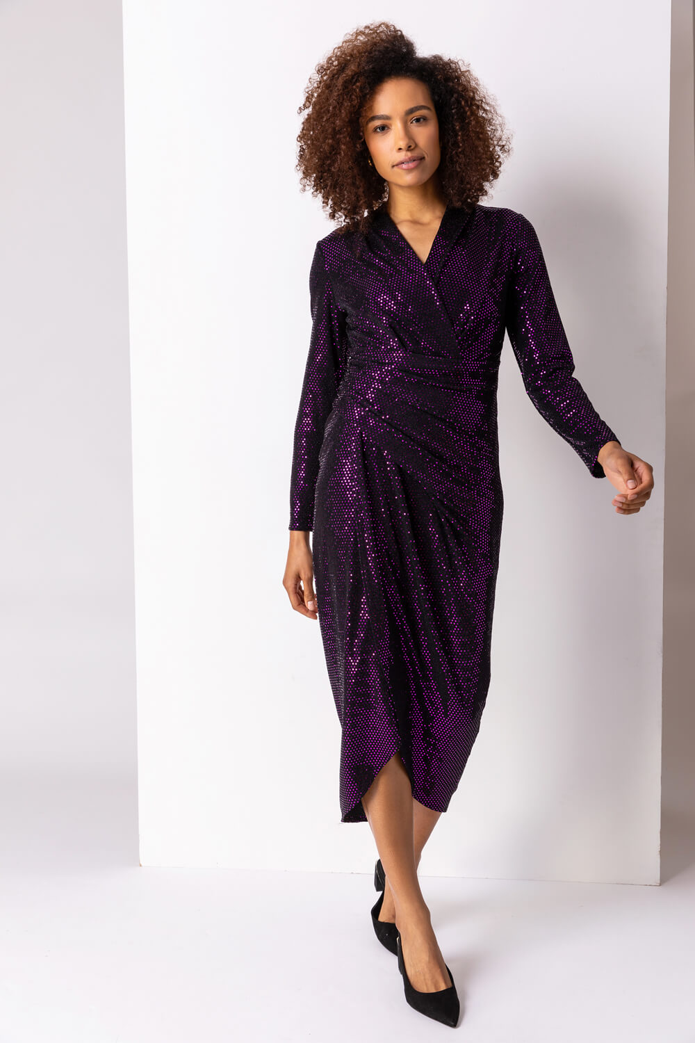 Purple Sequin Embellished Wrap Dress, Image 3 of 5