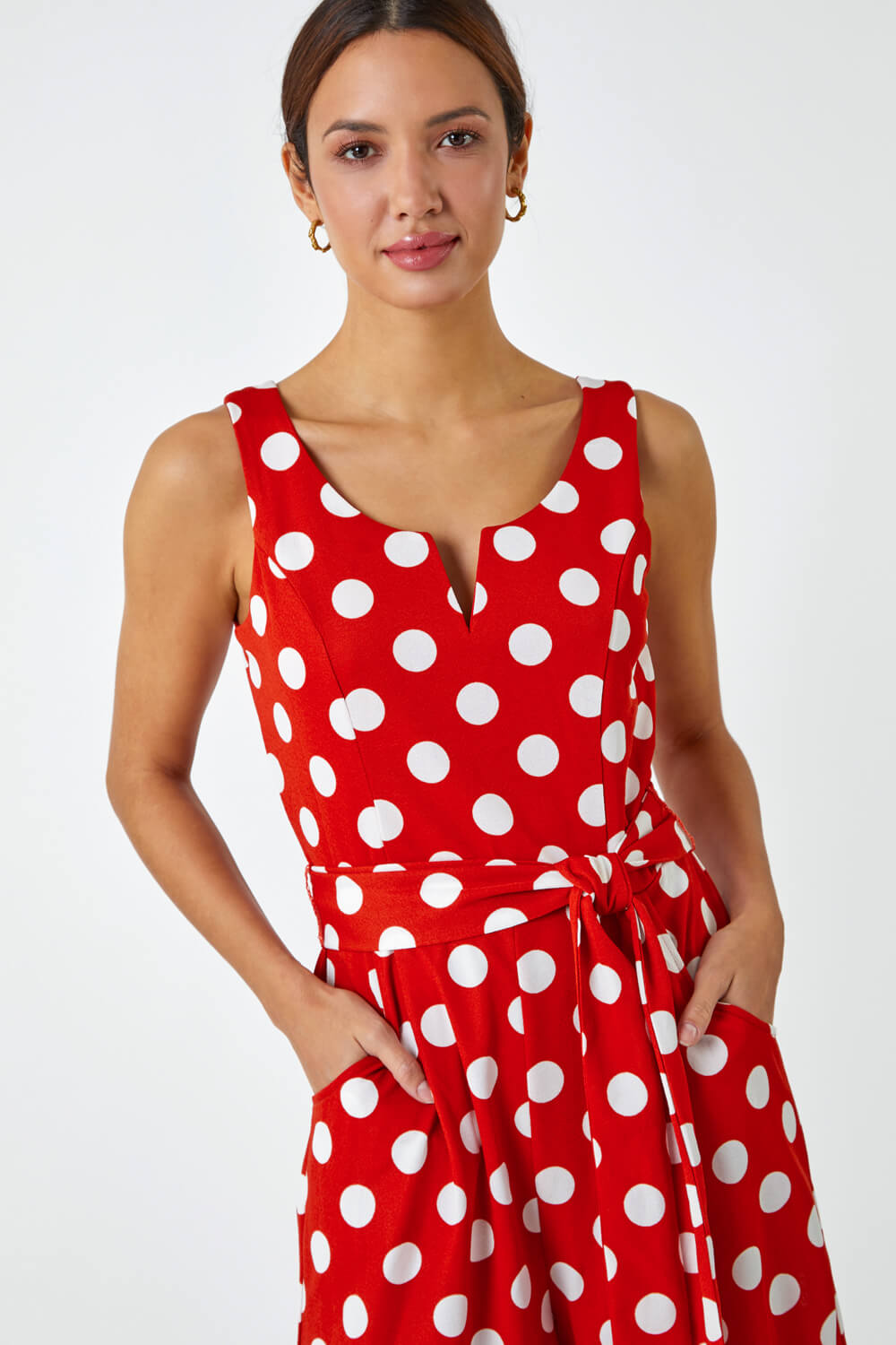 Red Spot Print Belted Jumpsuit , Image 5 of 6