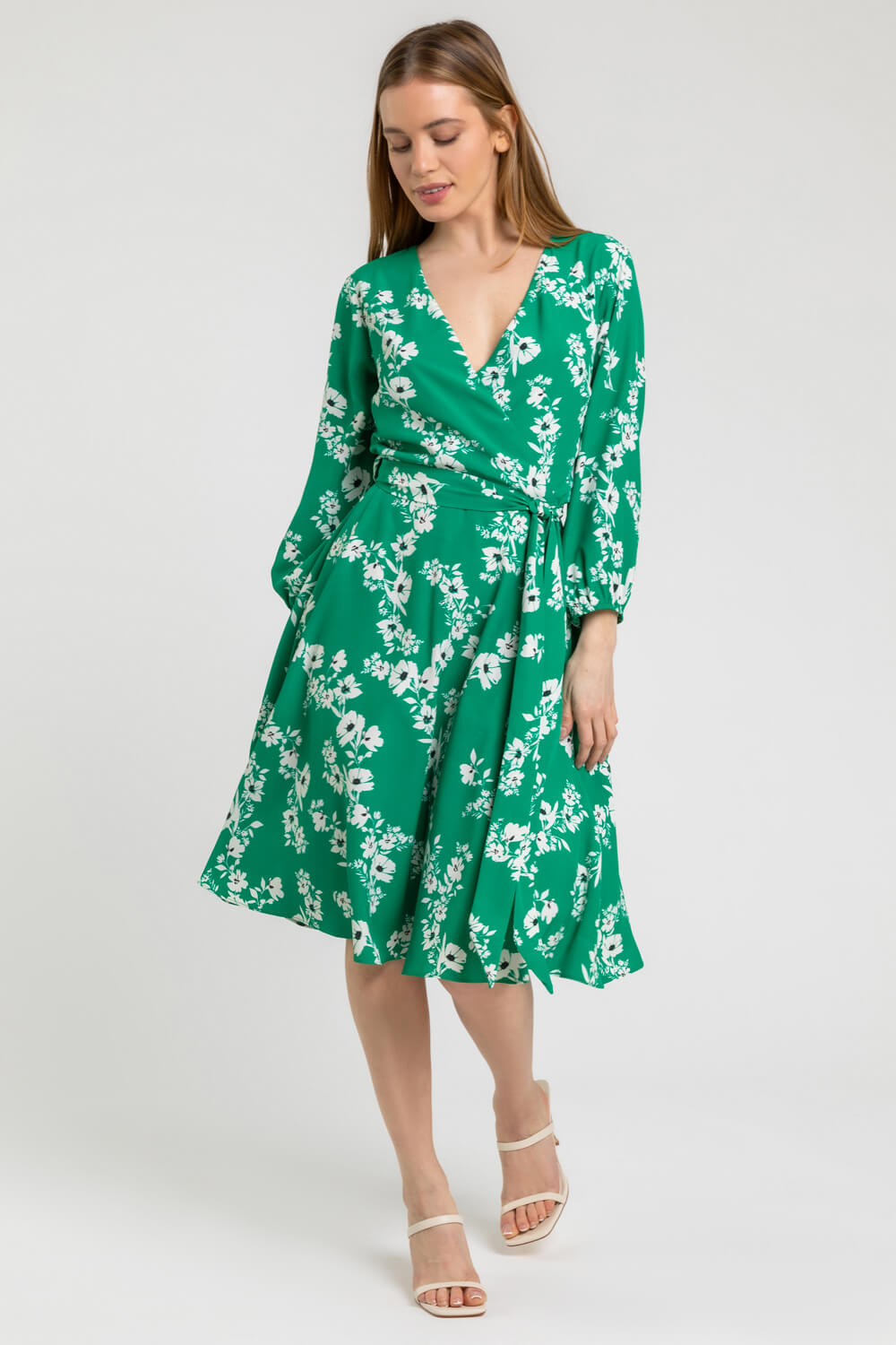 Petite Floral Fit & Flare Dress in Green | Roman UK