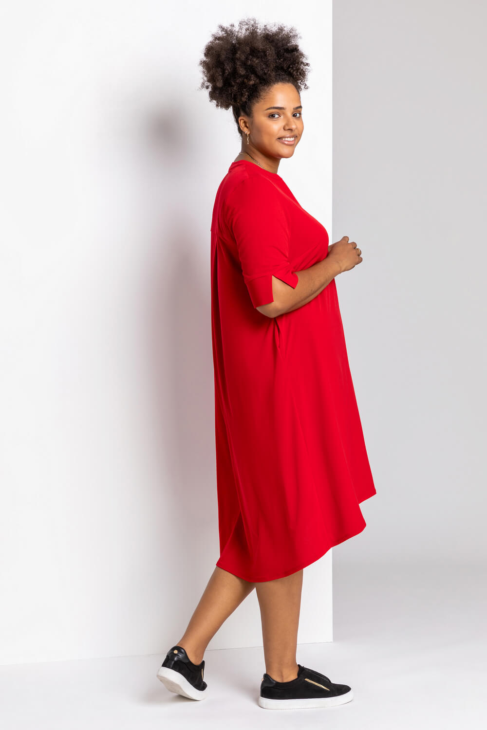 Red Curve Notch Neck Tunic Dress, Image 2 of 4