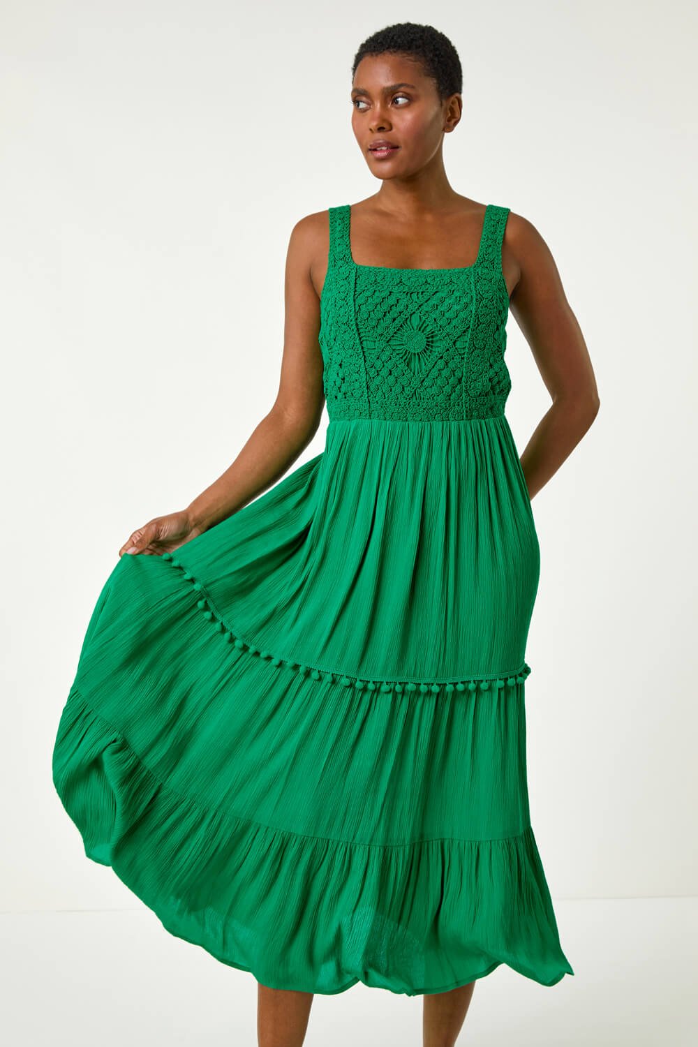 Green Crochet Detail Cotton Blend Maxi Dress, Image 2 of 5