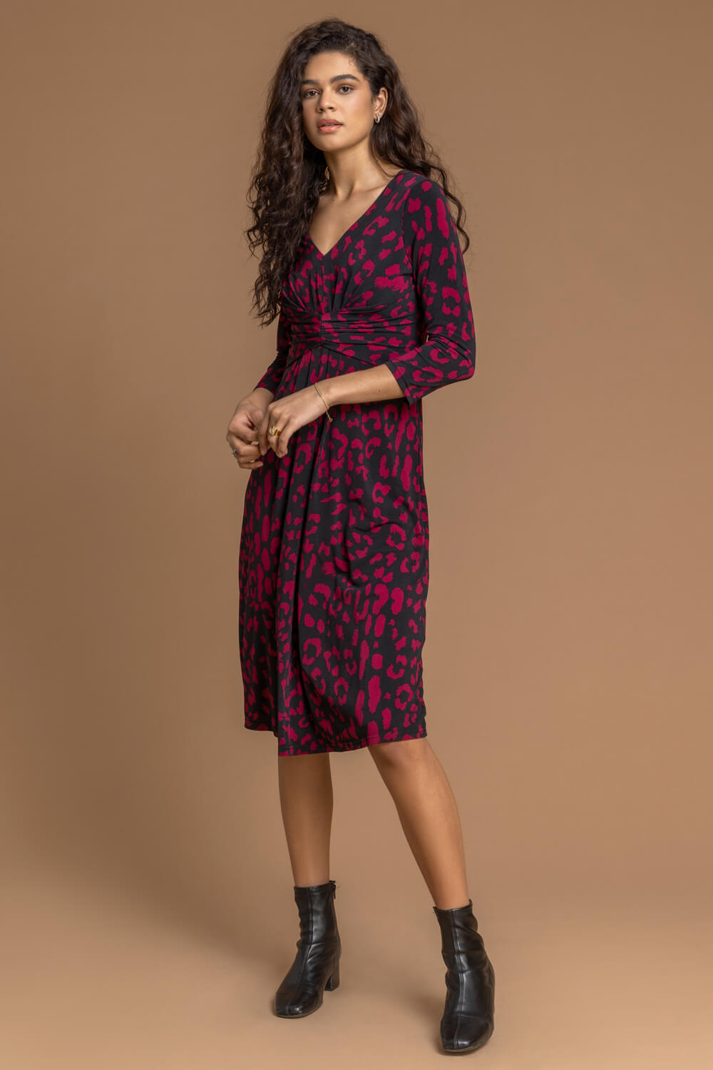 Wine Animal Print Fit And Flare Dress, Image 3 of 4