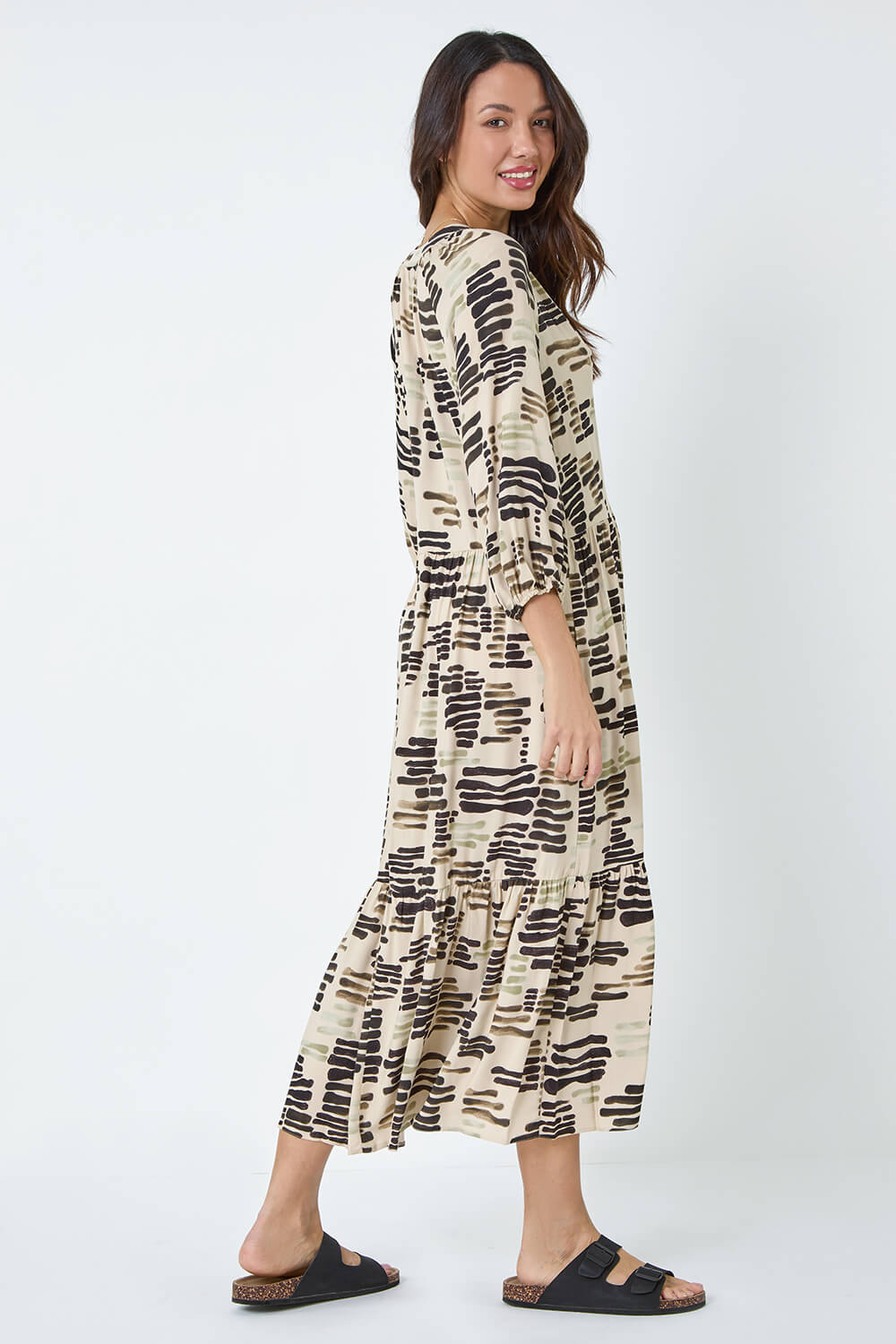 Stone Abstract Print Tiered Shirt Dress, Image 3 of 5