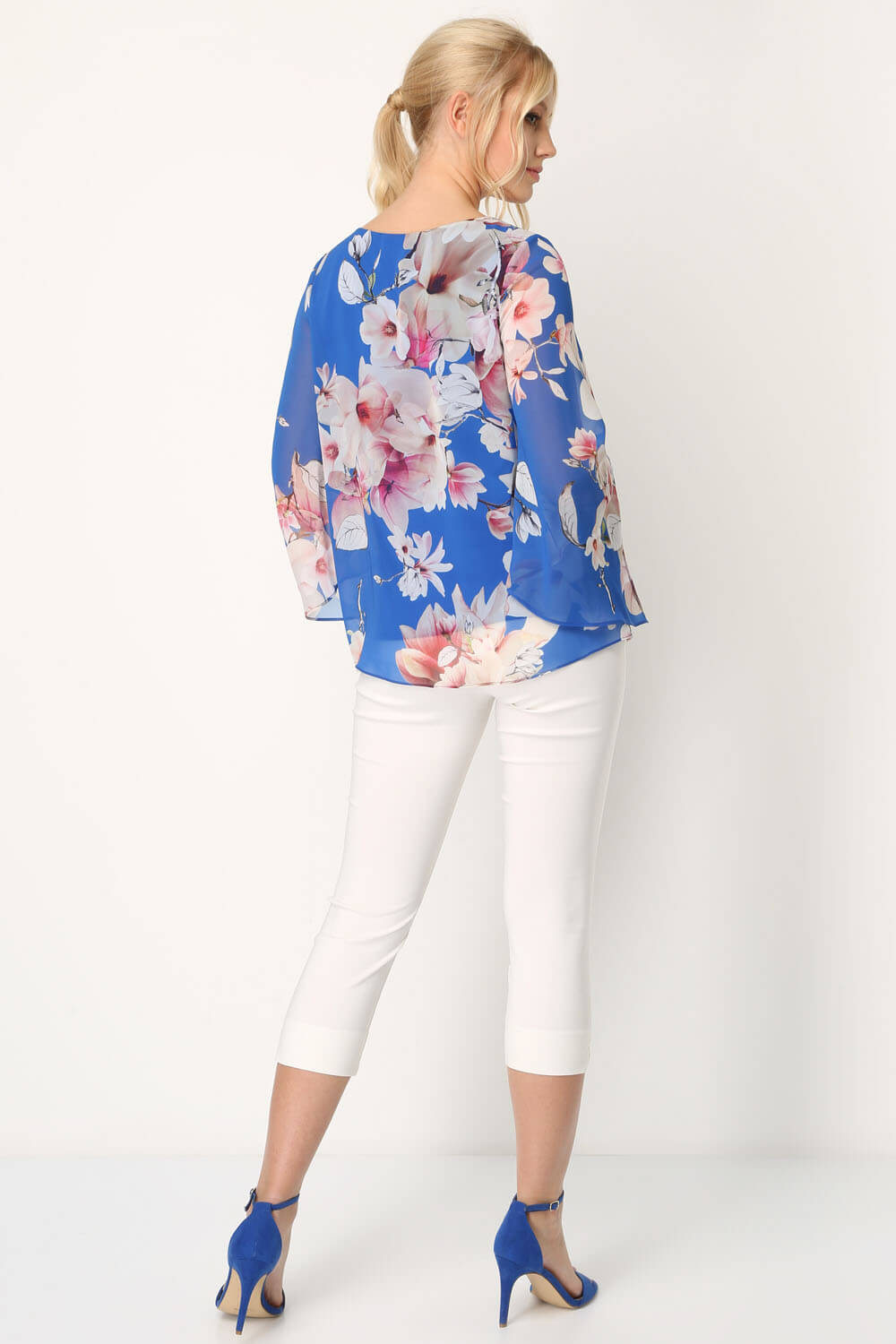 Royal Blue Floral Chiffon Overlay Top, Image 3 of 8