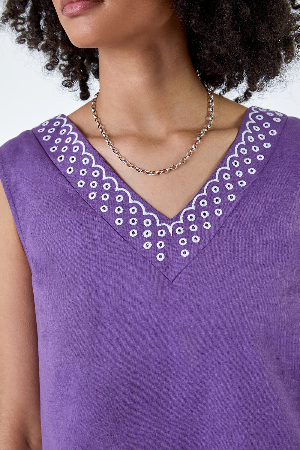 Purple Cotton Blend Embroidered Pocket Shift Dress, Image 5 of 5